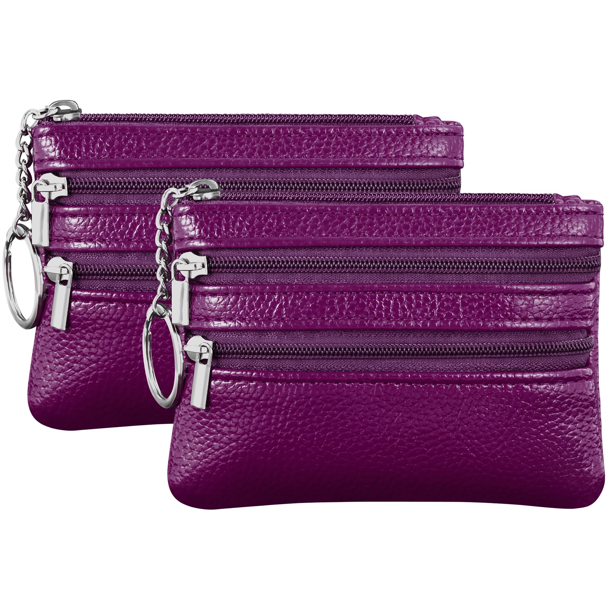Chelmon 2 Pack Coin Purse Pouch Change Card Holder Small Wallet with Keychain for Women and Men (Purple &amp; Purple)