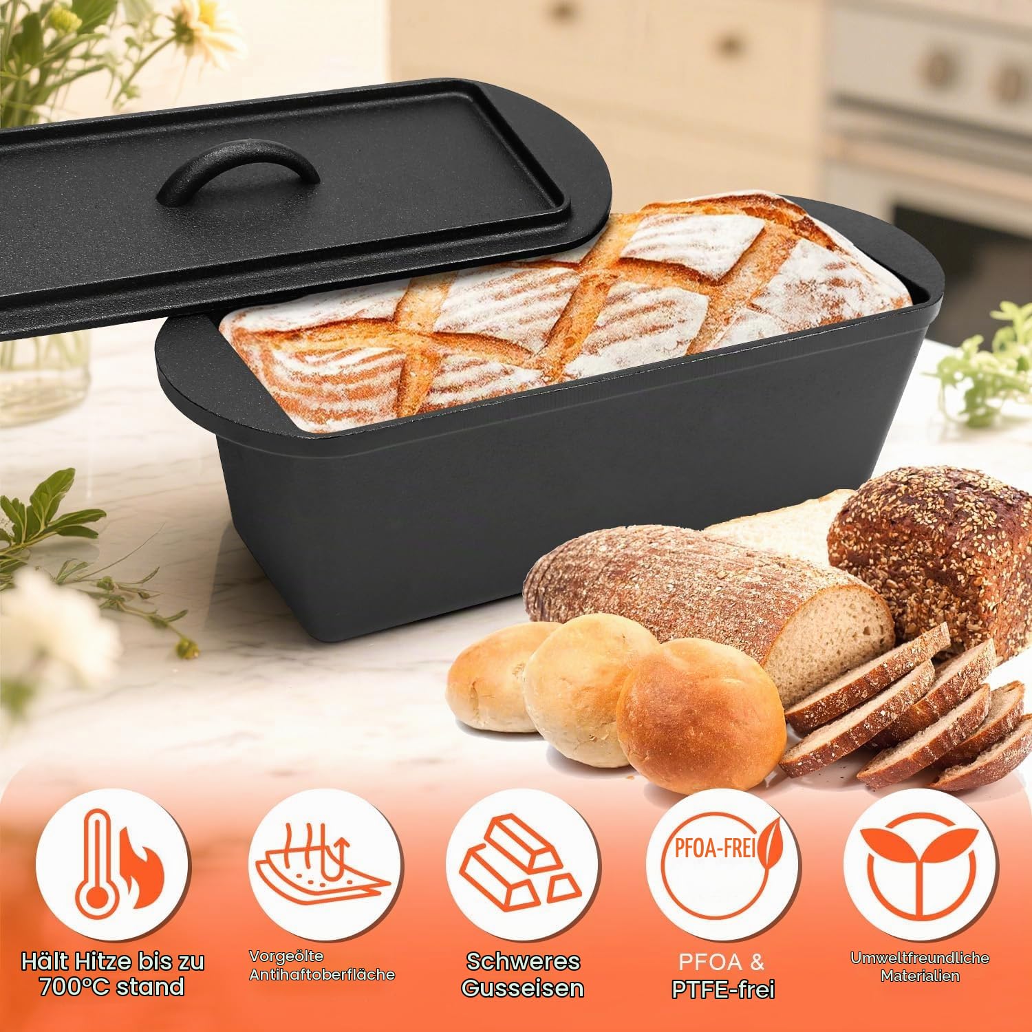GFTIME Gusseisen Topf 36cm Brot Backen, Brotbackform mit Deckel - Robuste Brotbackform mit Deckel - Idealer Brottopf, Brotbacktopf, Gusseisentopf Brotform, Toastbrot Backform