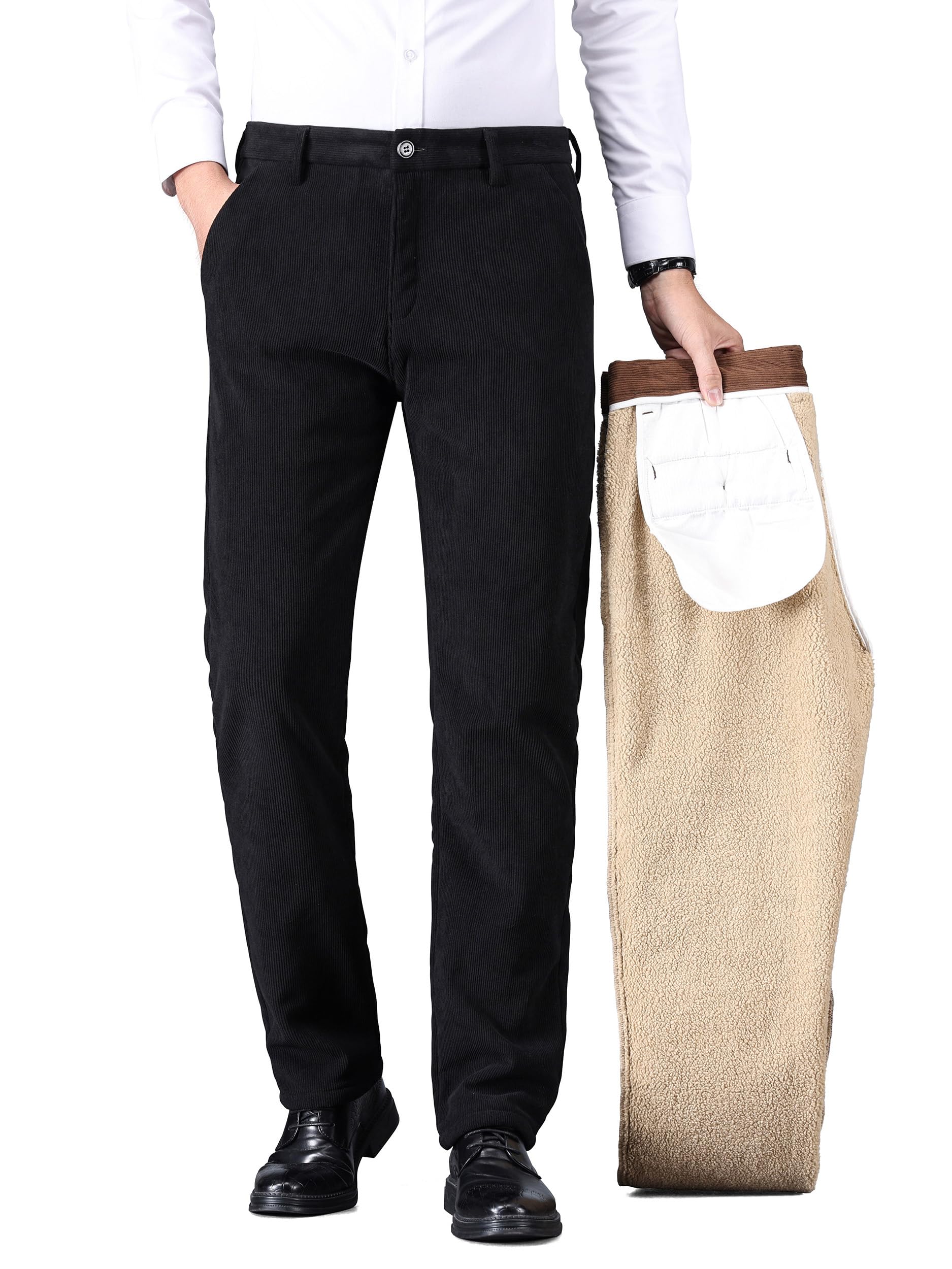 Pantaloni in velluto a coste da uomo, foderati in pile elasticizzato, con fodera in lana d'agnello