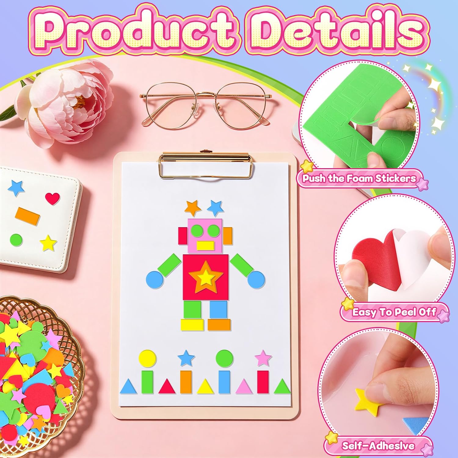 612Pcs Foam Stickers,6Colors Foam Shape Sticker for Kids Crafts,Light Color