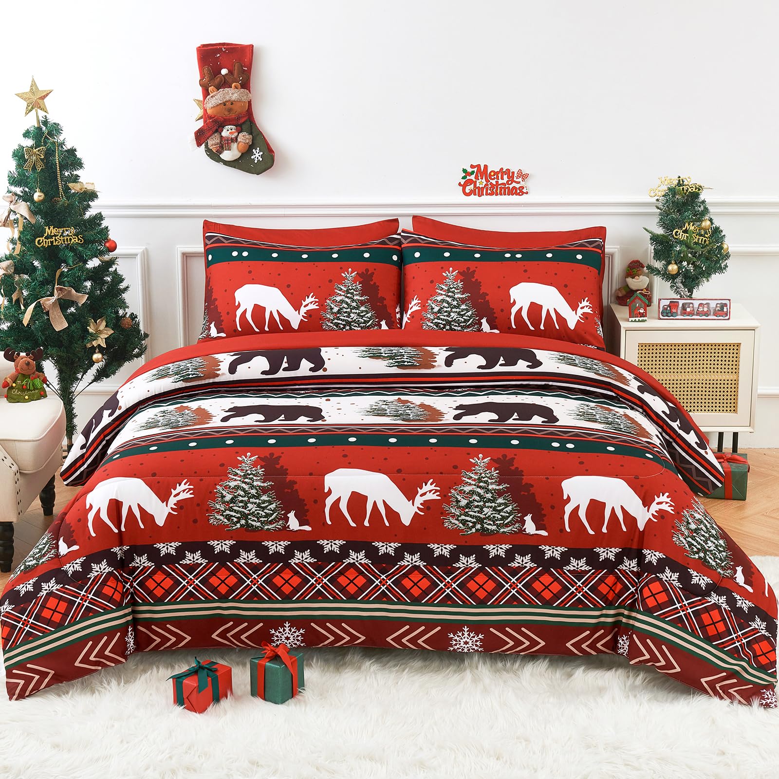 YIYEA Christmas King Size Comforter Set, 7 Pieces Bed in a Bag, Christmas Bedding Sets with Comforter, Flat Sheet, Fitted Sheet, 2 Embroidered Pillowcases, and 2 Printed Pillowcases