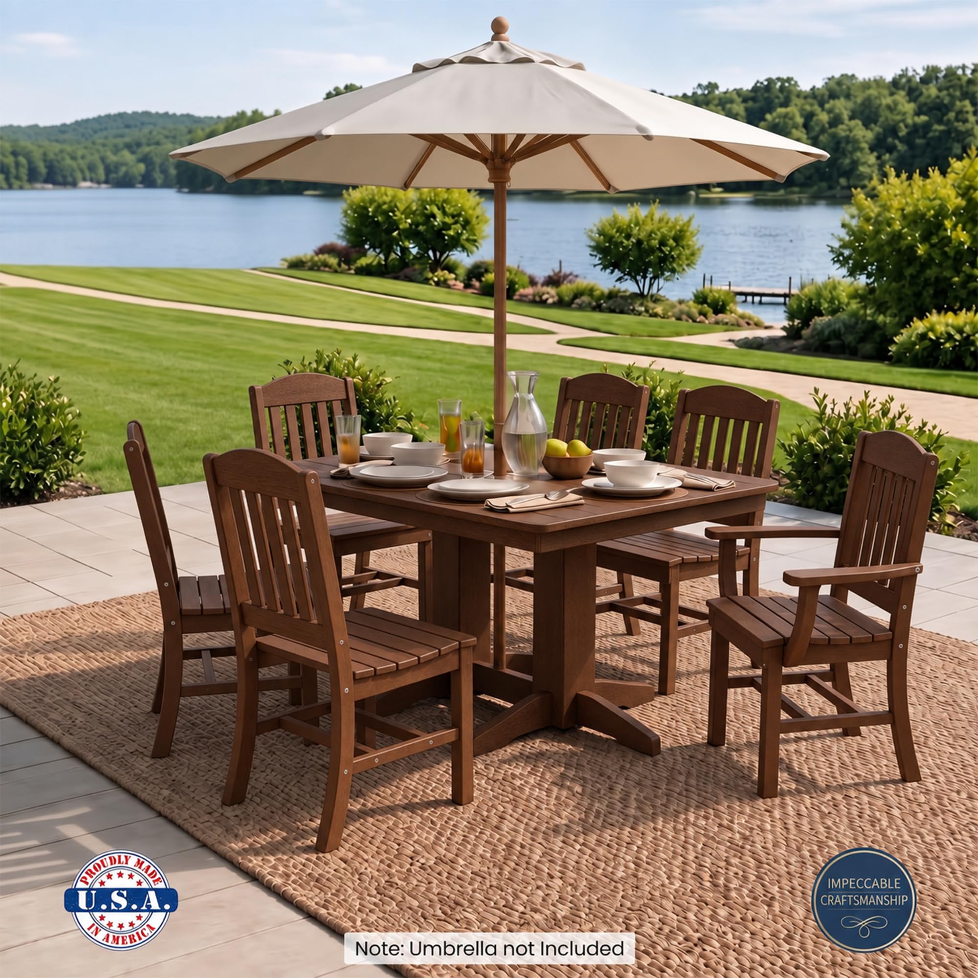 Poly lumber dining furniture overlooking a lake