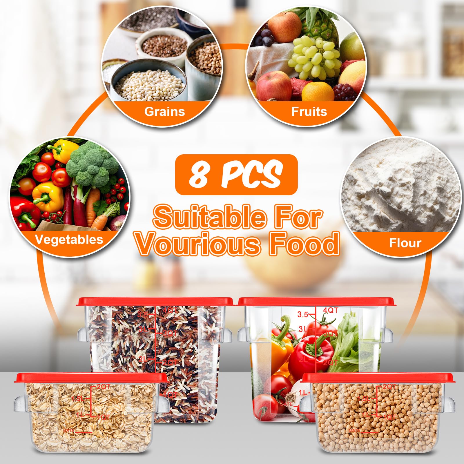 Suclain Juego de 8 recipientes de almacenamiento y almacenaje de alimentos con tapas de 2 cuartos y 4 cuartos cuadrados transparentes con asas de báscula para el hogar, restaurante, cocina