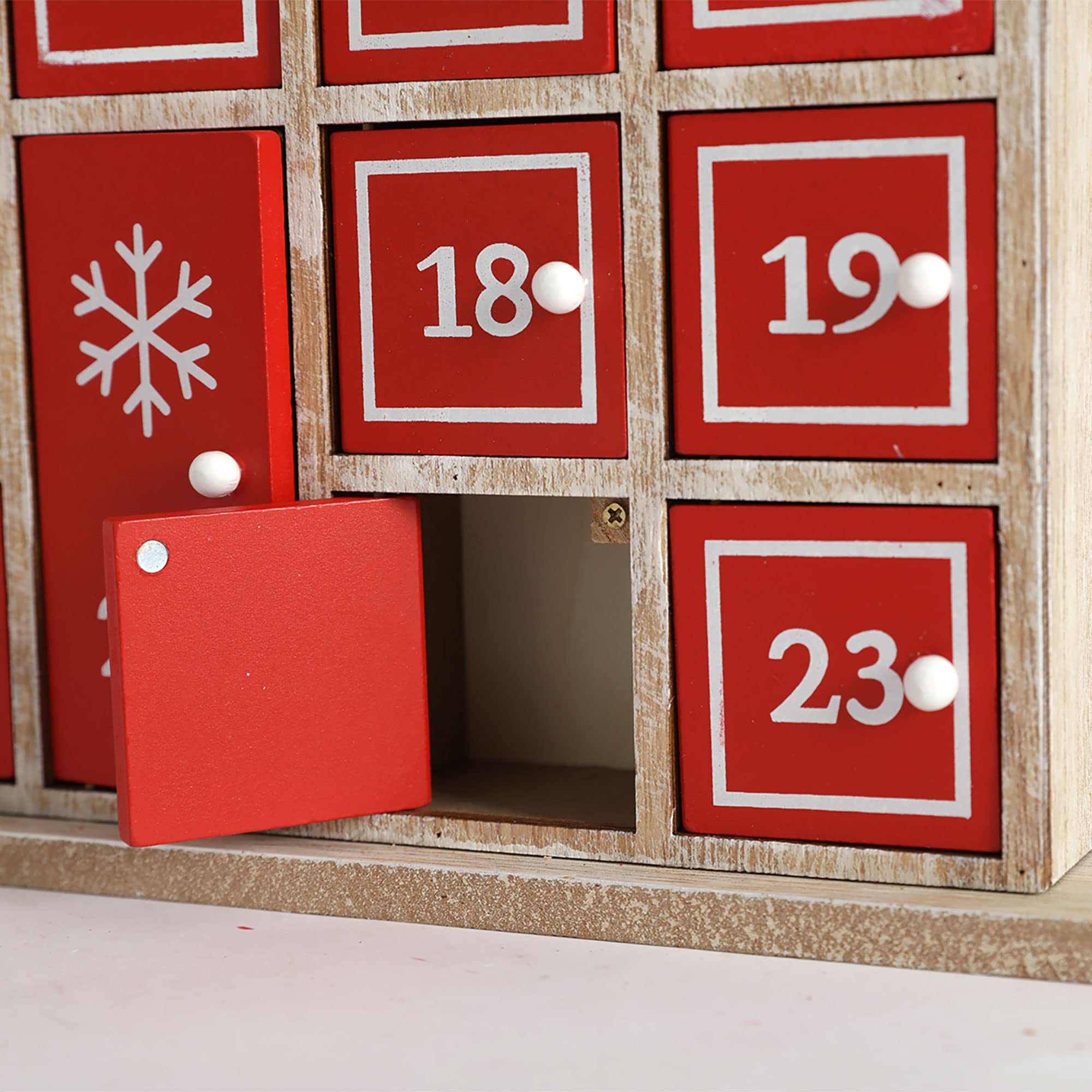 Calendrier de l'Avent en bois PE Maison de Noël rouge avec 24 tiroirs de rangement Organisateur de cadeaux avec éclairage LED Décoration de Noël