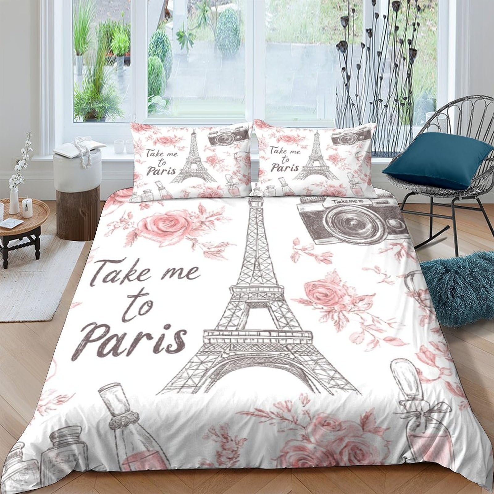 GPLZQXKJNH 3D Printed Eiffel Tower Paris Duvet Cover Microfiber Soft Floral Bedding Set with 2 Pillowcases for Bedroom Decor Single（135x200cm）