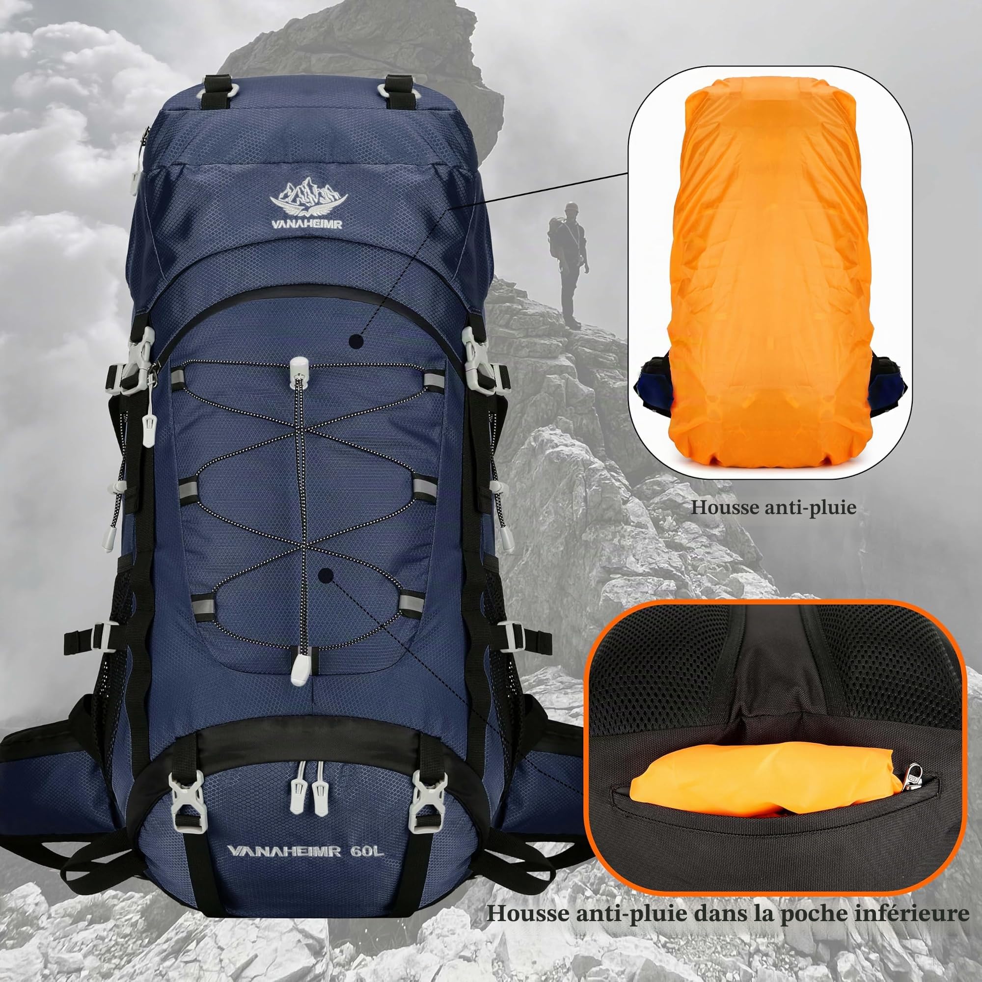 Sac à dos de voyage, randonnée, camping avec housse de pluie, sac à dos résistant à l'eau, sac à dos d'escalade pour homme et femme 60 l