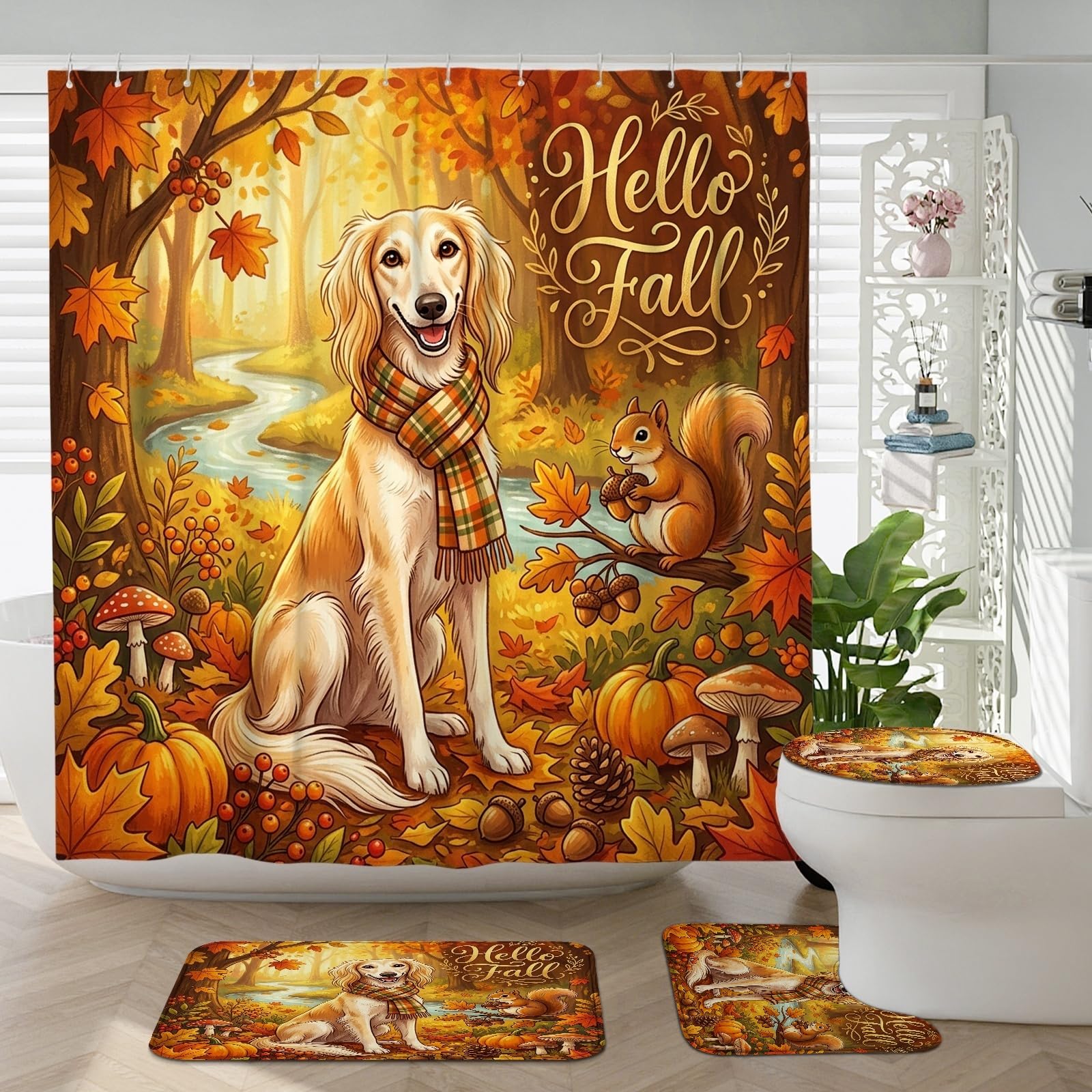 Rideau de douche Saluki d'automne et ensemble tapis de bain 4 pièces