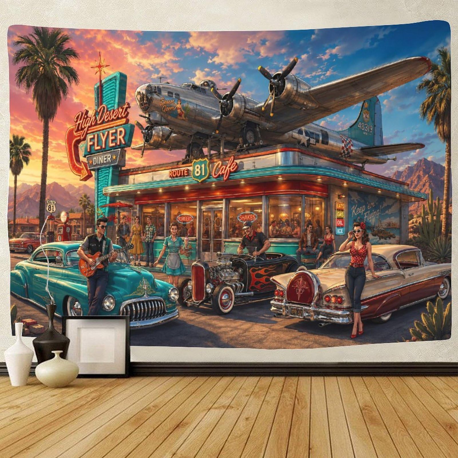 ASDFGHJKLZA Route 66 Vintage Aircraft 3D Print Tapestry for Bedroom Wall Art Decor Tapestries Poster Curtain Bedroom Dorm 70cmx100cm