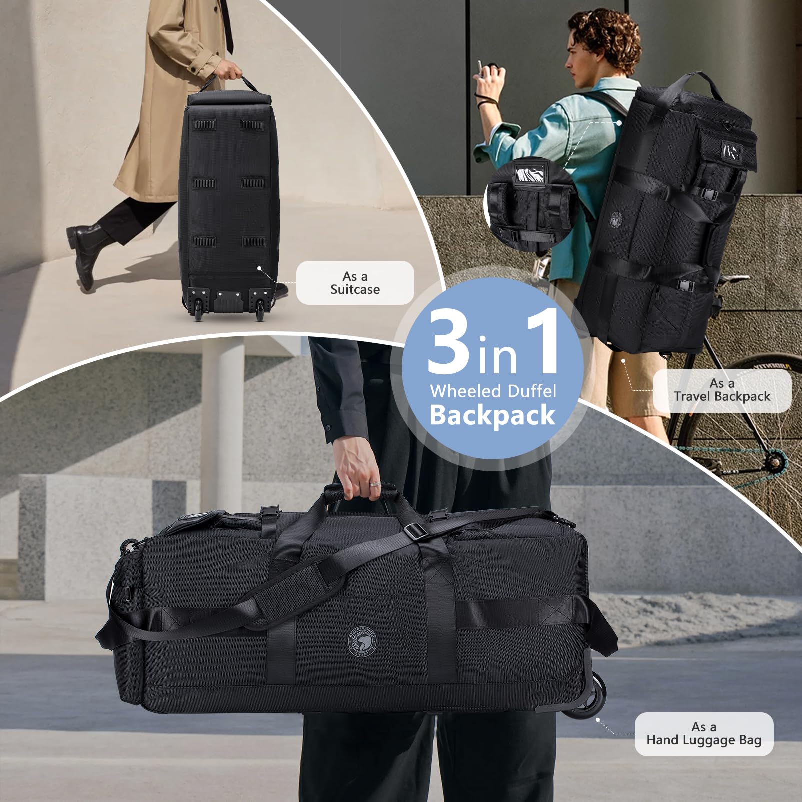 Bolsa de Viaje con Ruedas 3 en 1 Mochila Viaje Cabina Avion Bolso de Mano Viaje Impermeable 80L XL Bolsa de Equipaje Grande 78x33x32cm Maleta para Mujer Hombre