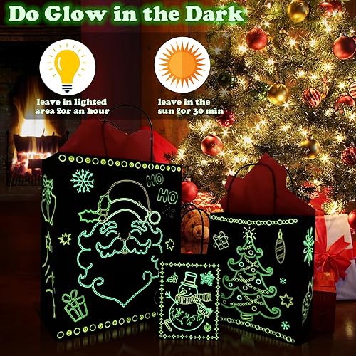 Miniatura 2 de Giiffu Paquete de 18 bolsas de regalo navideñas que brillan en la oscuridad con 18 papeles de regalo rojos y etiquetas de regalo, suministros de