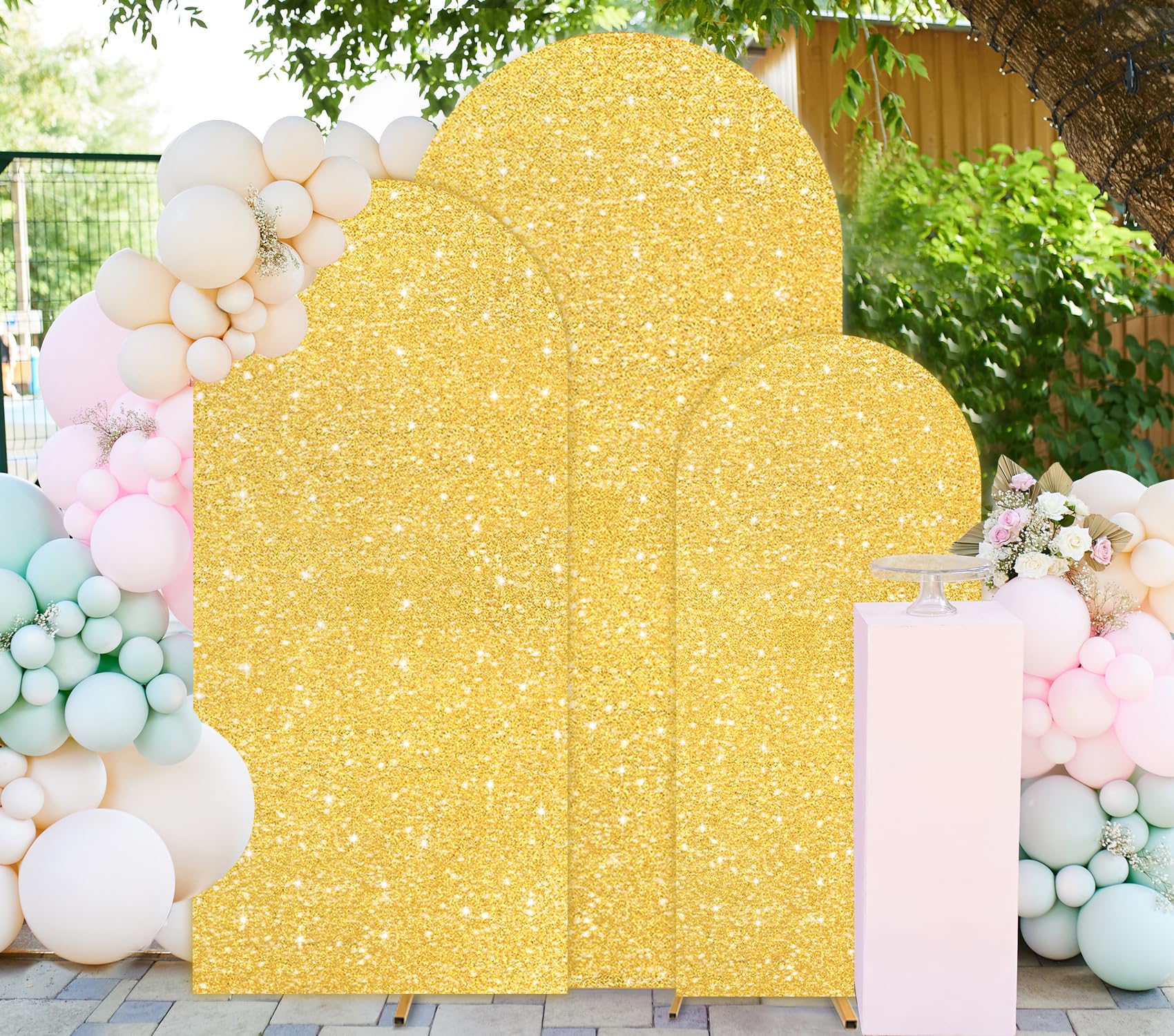 FUHSY Gold Arch Cover 7.2FT, 6.6FT, 6FT Sequin Wedding Arch Covers Stretchy Backdrop Set of 3 Glitter Spandex Arch Stand Cover Chiara Backdrop Covers