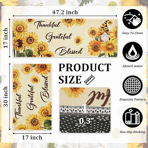 Miniatura 2 de Juego de 2 alfombras de cocina de girasol, flores amarillas de primavera y verano, antideslizantes, lavables, alfombras de cocina de granja con