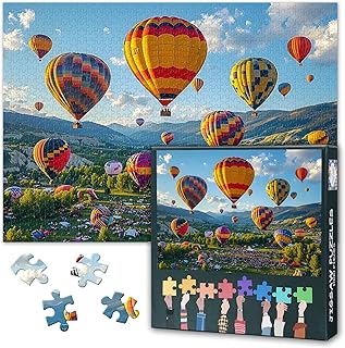 Comprar Puzzle de 1000 piezas para adultos - Globos aerostáticos coloridos sobre prado de flores vivas, colorido diseño de aviación, puzle premium de 1000 piezas, formato 50 x 70 cm