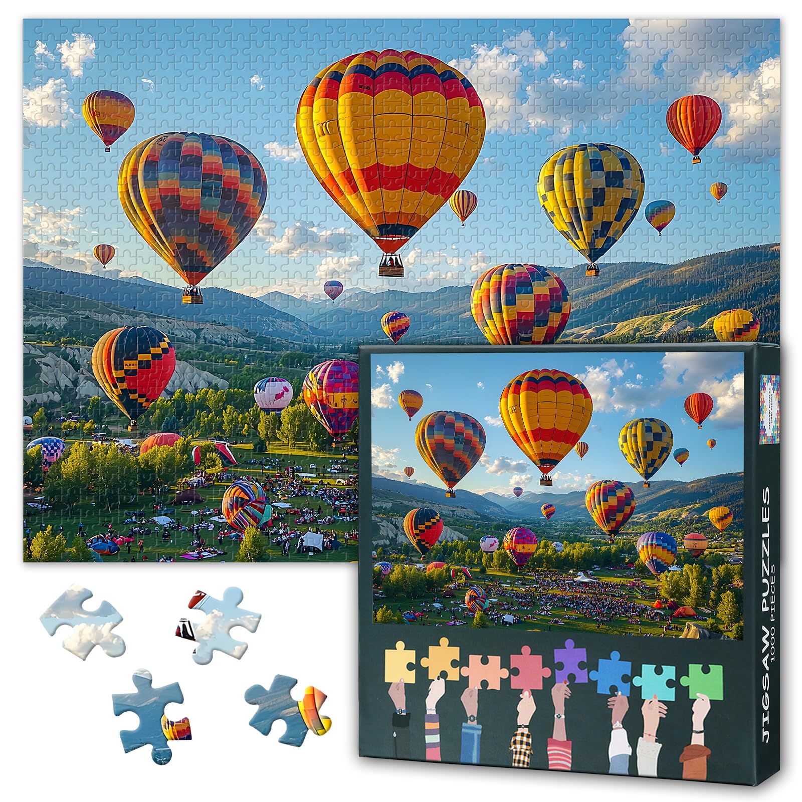 1000 Piece Puzzle for Adults - Colorful Hot Air Balloons over Vibrant Meadow Scenery, Premium Quality Adult Jigsaw Puzzle, Finished Size 27.5x19.7 in