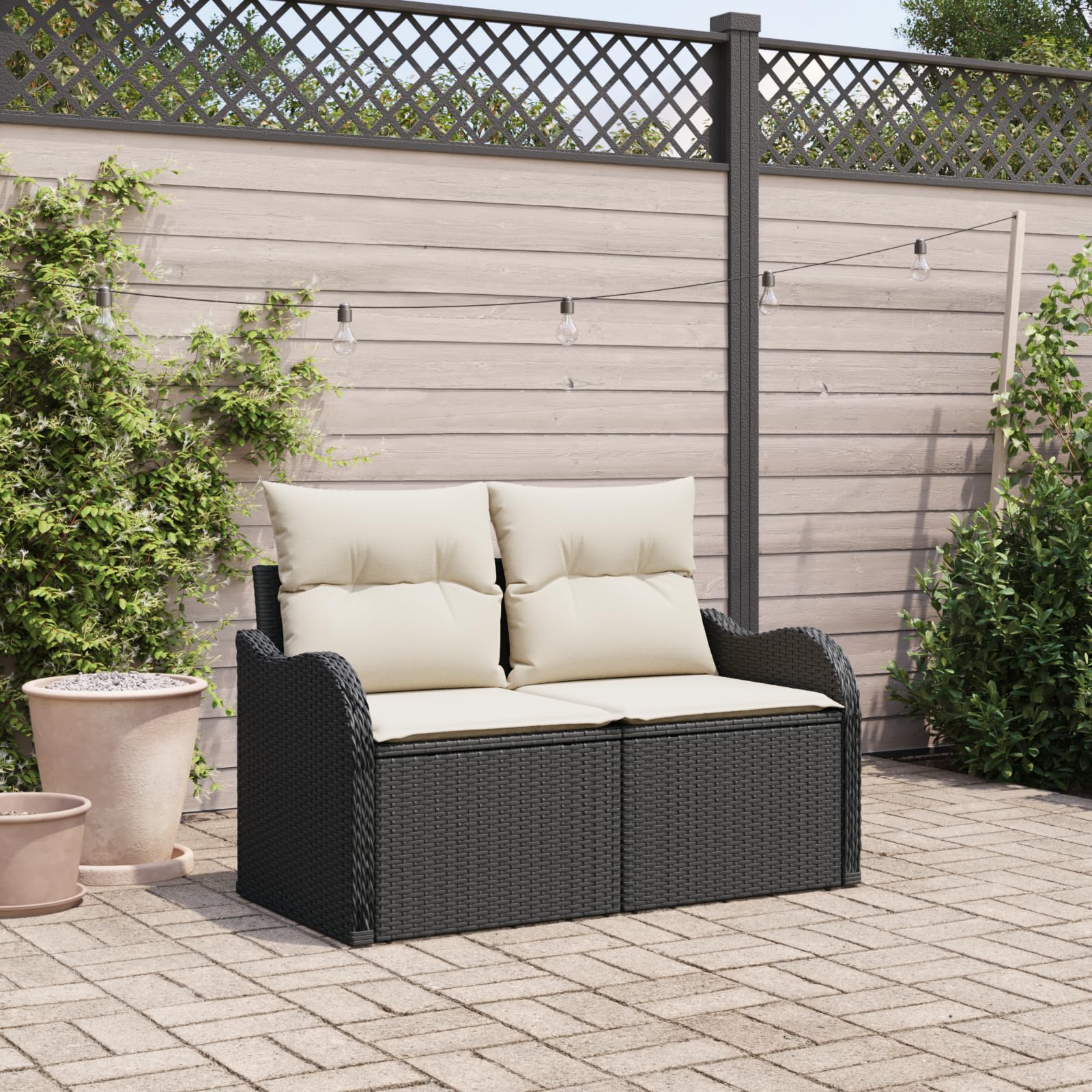 Canapé de jardin 2 places noir extérieur petit espace polyrotin tressé et coussins