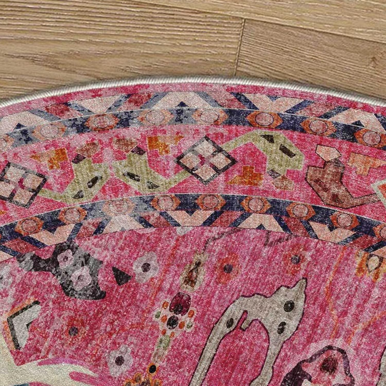 Round Tiger Area Rugs 4ft for Kids Room Dining Room Washable Pink Tibetan Tiger Animal Print Circle Throw Rug Non-Slip Floor Mats for Bedroom Home Decor