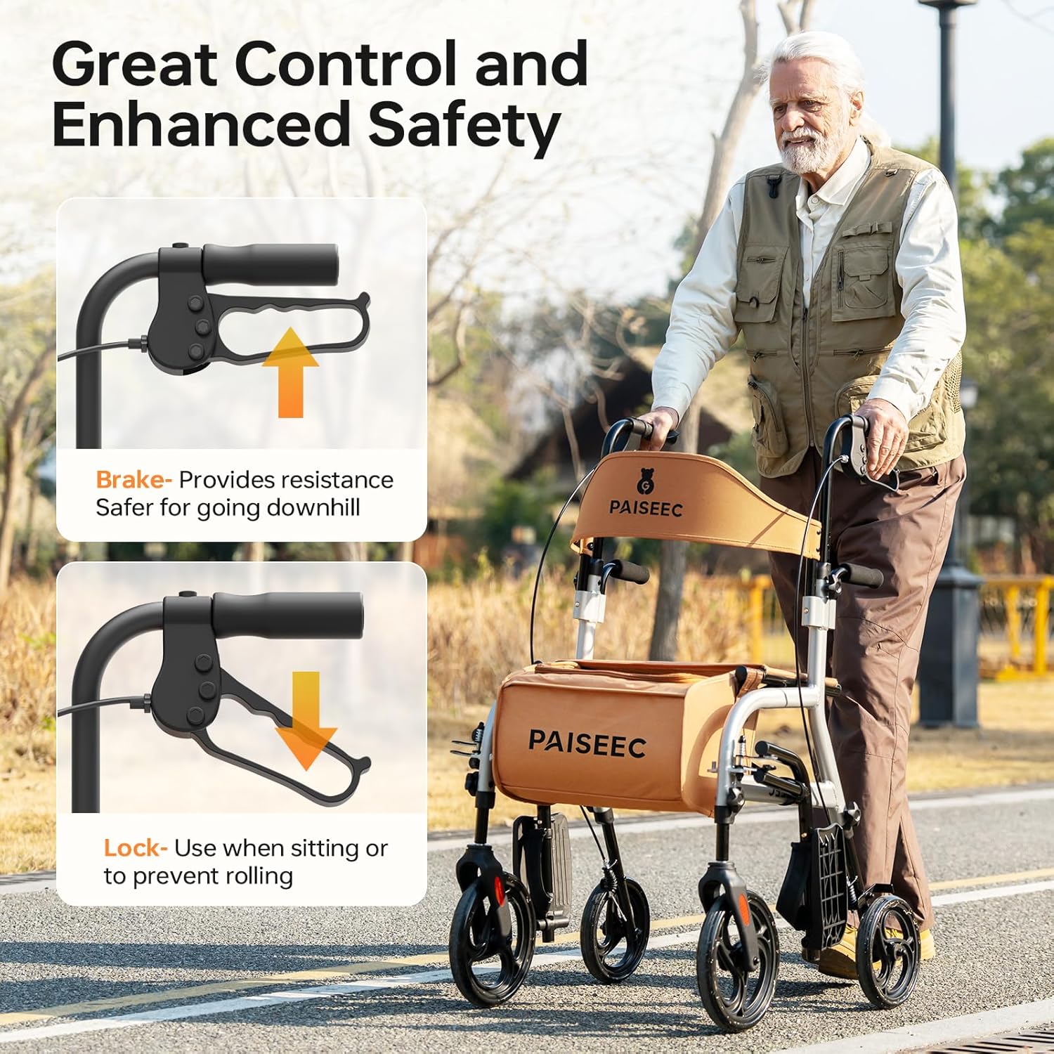 Close-up of the PAISEEC R1 Rollator Walker's brake levers, showing how to engage the brake for slowing down and the parking brake for locking the wheels.