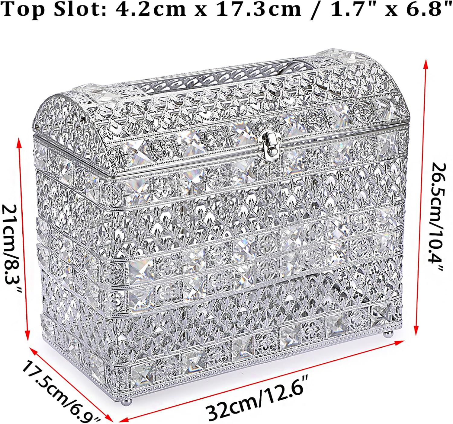 JUXYES Silver Sparkle Crystal Wedding Card Box With Lid for Reception, Gorgeous Treasure Chest Style Keepsake Envelope Case Large Card Receiving Box for Wedding, Reception, Birthday Party