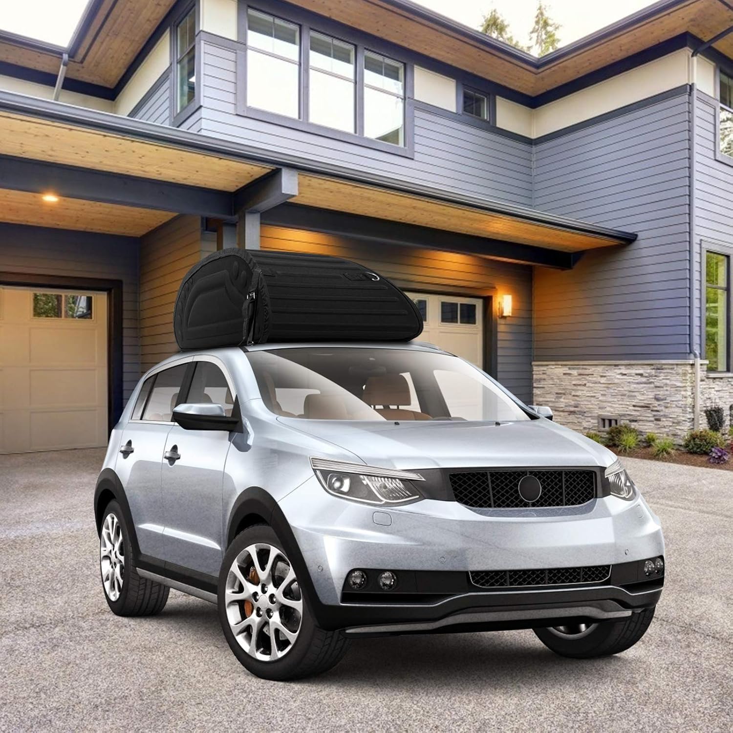 GYMAX Cofre de Techo Plegable 15 pies/400 litros, Material Impermeable 3000MM, Bolsa de Techo para Coche con 4 Correas de Sujeción y Bolsa, Apto para Coches sin Portaequipajes, Negro