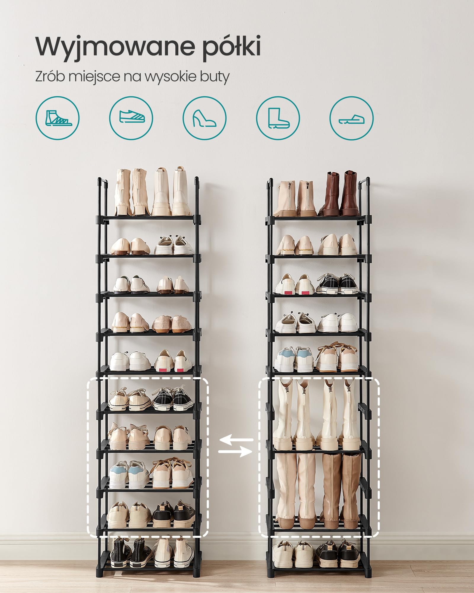 SONGMICS Półka na buty z 10 półkami, duża metalowa półka na buty, DIY, półka stojąca, oszczędzająca miejsce, wielofunkcyjna, salon, sypialnia, kuchnia, 45 x 30 x 174 cm, czarna LSA25BK