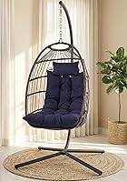 SereneLife Hanging Egg Chair with Stand - Rattan Wicker Swing, 350 lbs Capacity, Breathable Cushion & Headrest for Indoor Outdoor Patio Bedroom Lounge