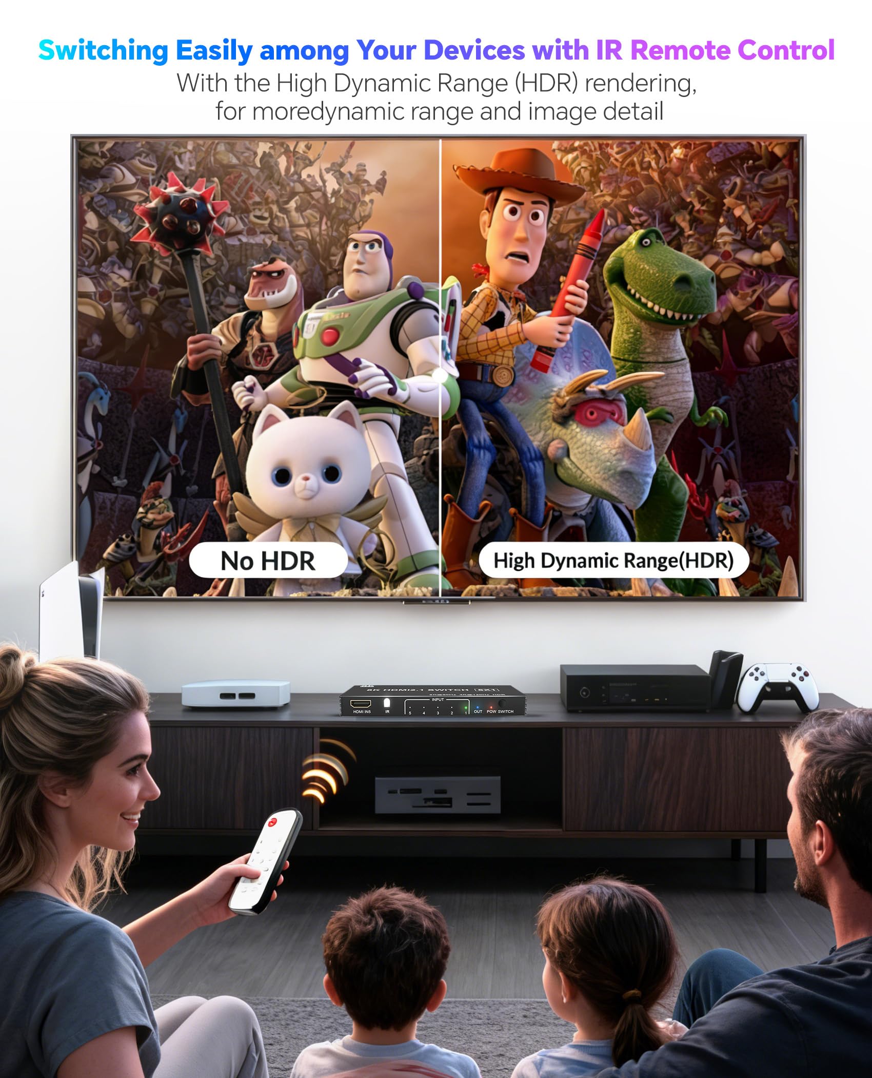 Conmutador HDMI 8K 4K 120Hz – 5 en 1 salida HDMI Splitter Switcher 8K @60Hz 4K @120Hz con control remoto 3D HDR10+ HDCP 2.3 CEC, uso para PS5/4/3, Xbox DVD Player Fire Stick Roku TV PC Nintendo Switch