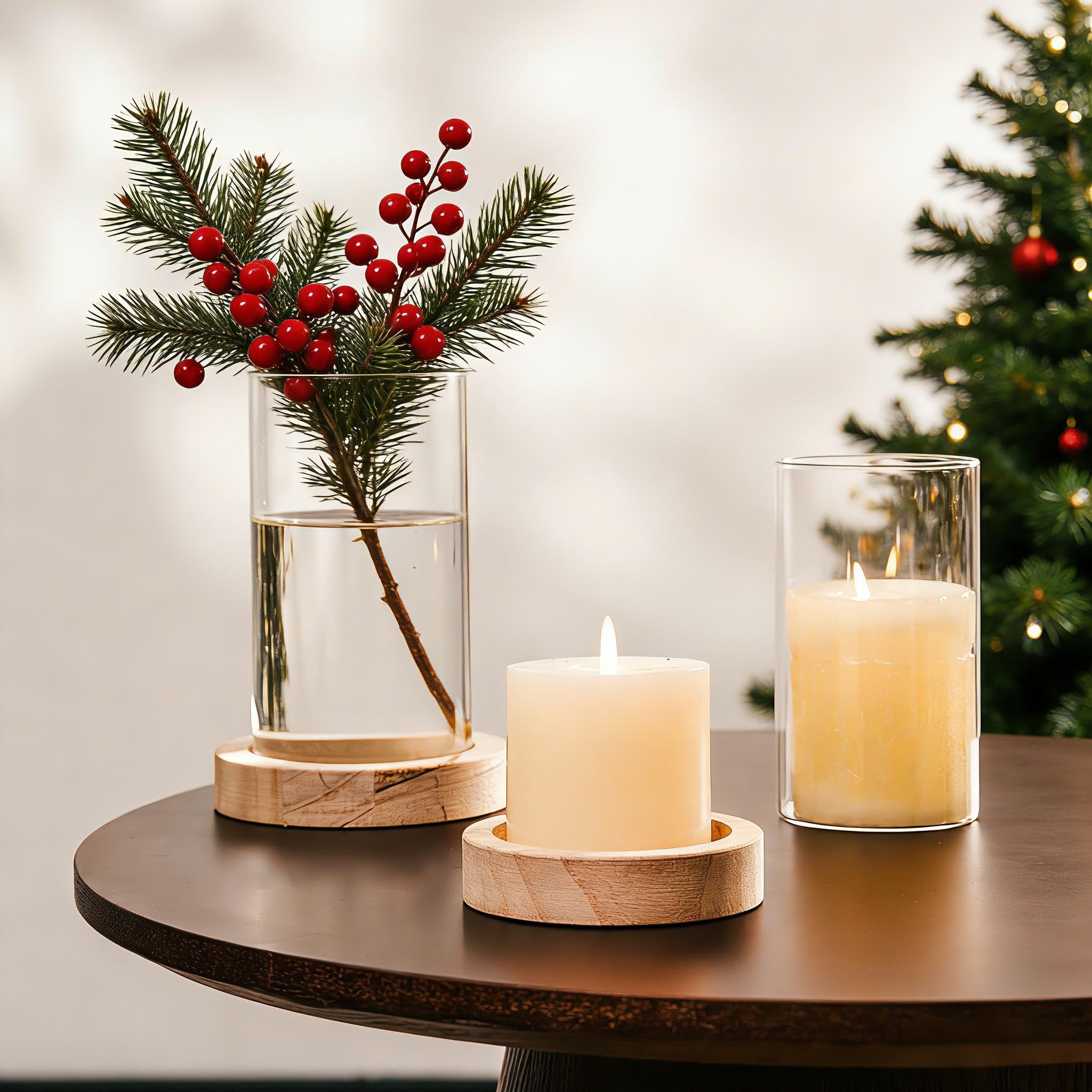 NUPTIO Farol de Cristal y Madera: Set de 2 Faroles Cilíndricos Con Jarrón de Fondo, Grandes Pilares Portavelas, Decoración de Mesa de Comedor Para Navidad