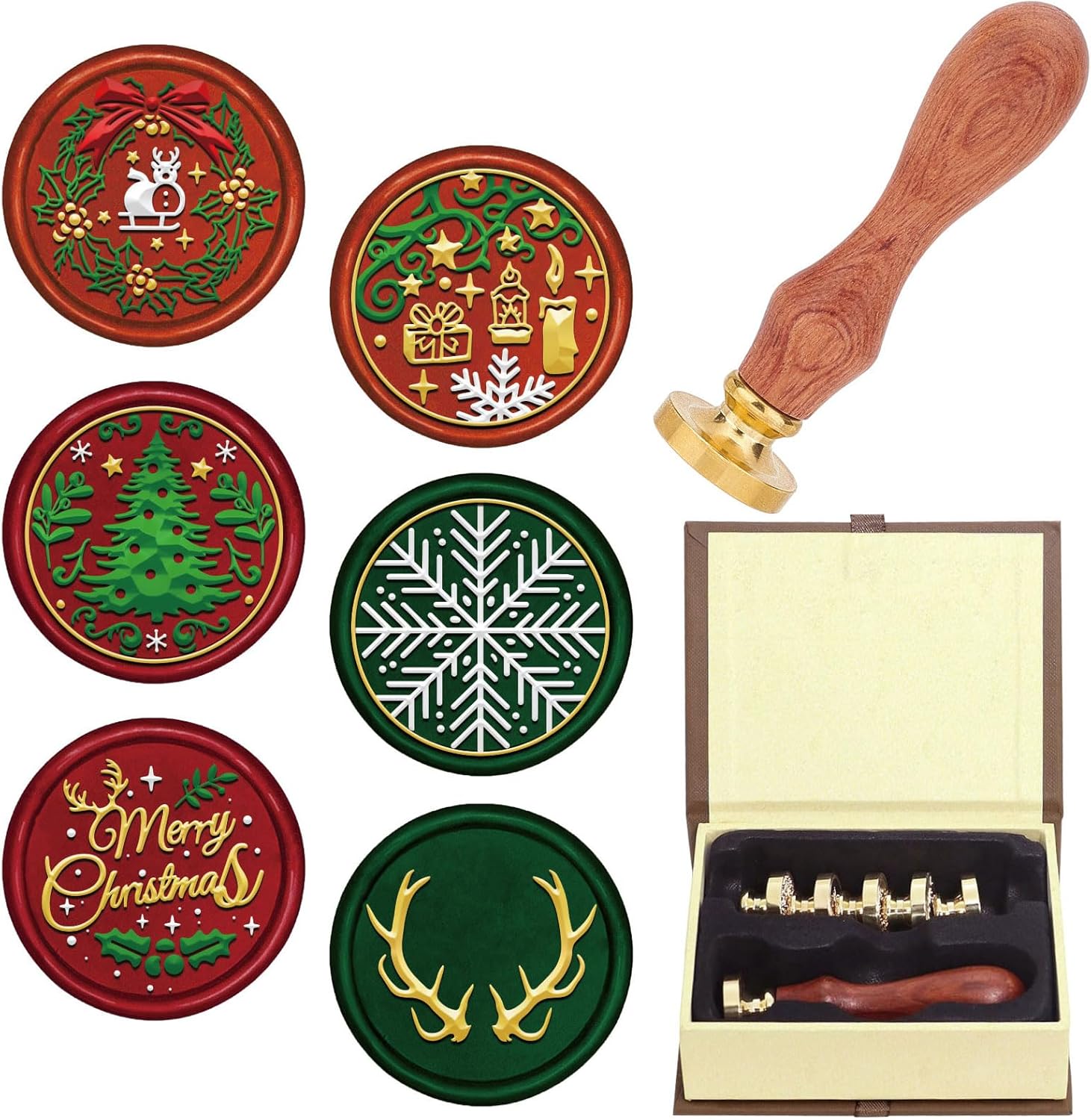 CRASPIRE 7Pcs Merry Christmas Wax Seal Stamp Set Brass Sealing Stamp Heads Wood Handle Removable Kit Snowflake Elk Holly Mistletoe Deer Reindeer Antler Pine Party Envelope Invitation Craft Gift Wrap