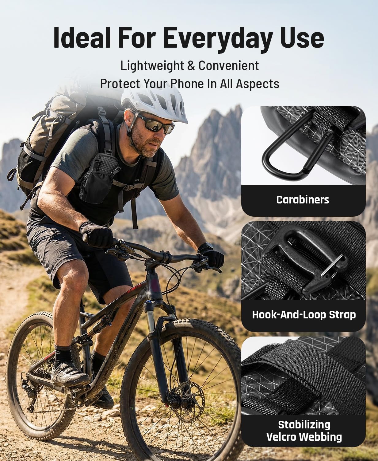 Molle Cell Phone Pouch for Backpack iPhone - Waterproof Tactical Belt Strap EDC Tech Pouch Water Bottle Holder Bag with Pocket Attachment Bag for Hikers, Black