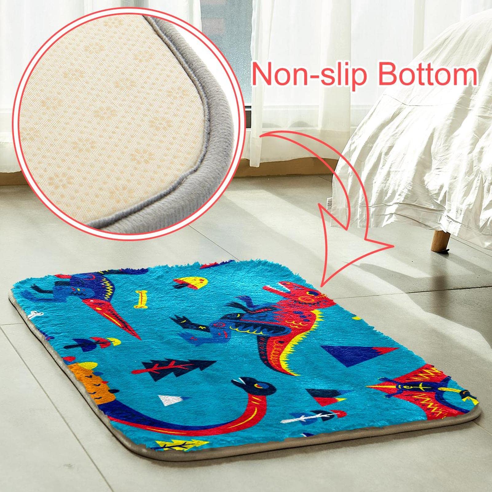 Dinosaurier Blau Kunstfell Teppich Wohnzimmer Flauschiger Waschbarer Teppich für Schlafzimmer Rechteck