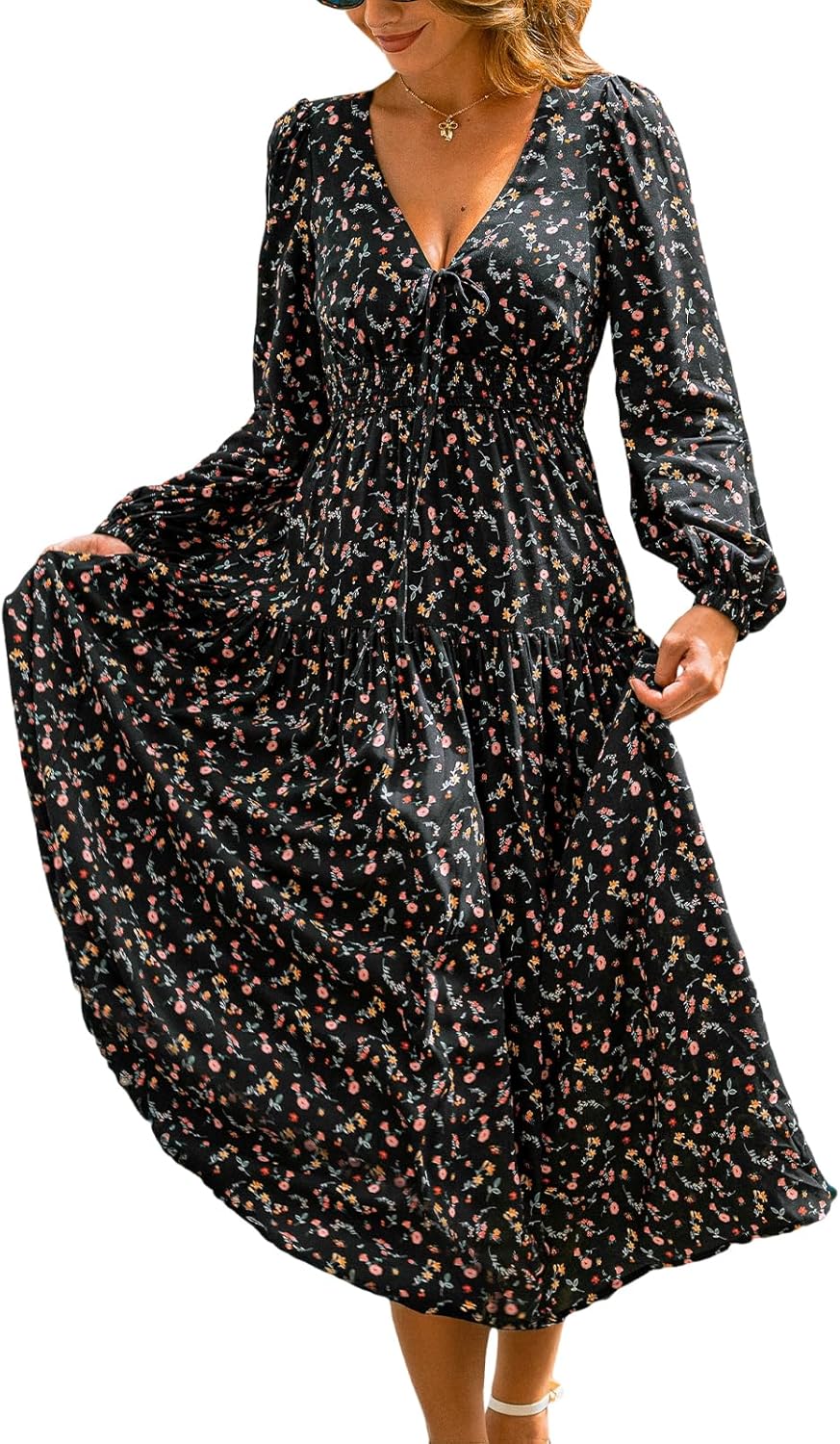 CUPSHE Womens Maxi Fall Dresses V Neck Casual Long Sleeve Smocked Floral Long Flowy Smocked Formal Wedding Guest Dress