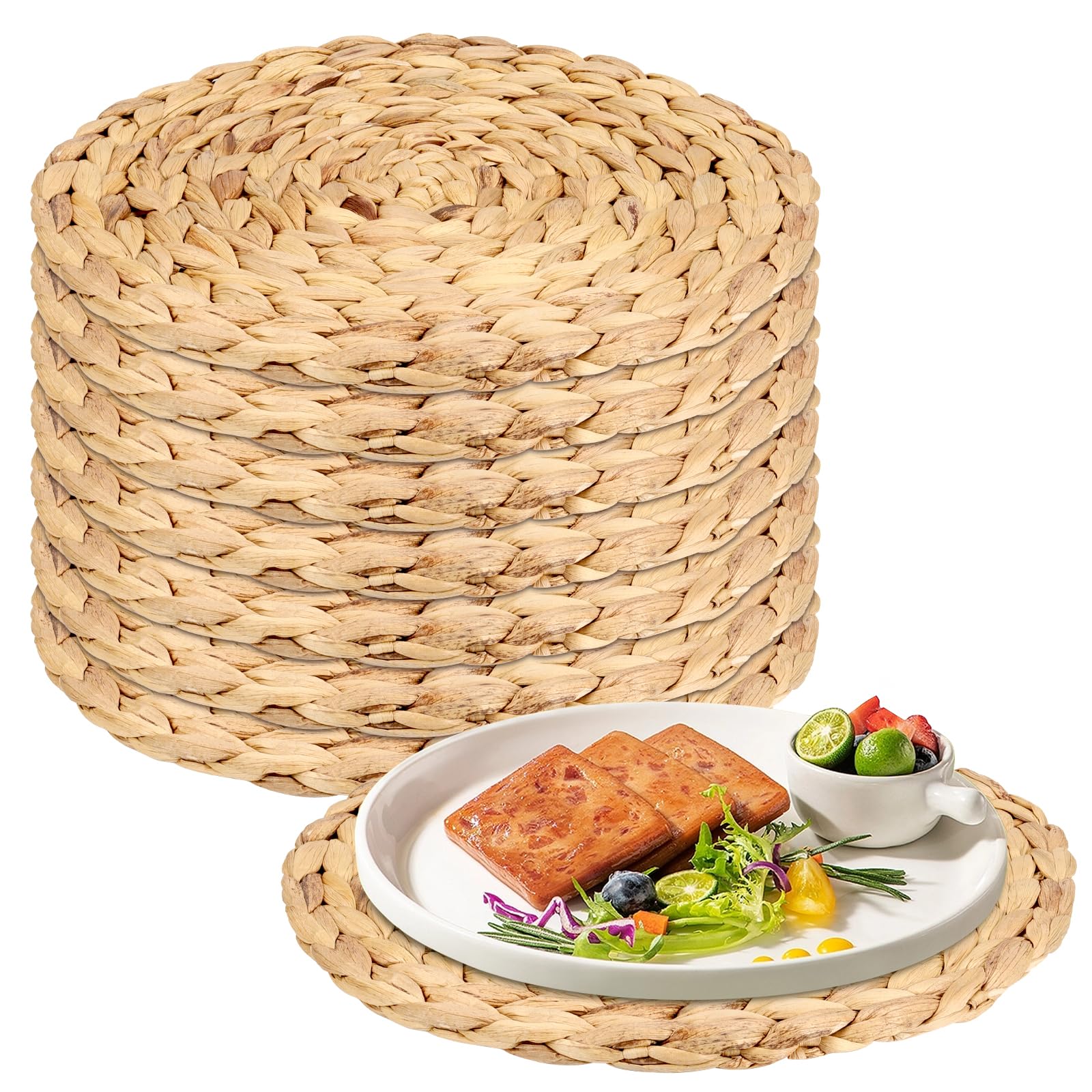 MUKSEUT Confezione da 8 tovagliette rotonde in tessuto di giacinto d'acqua naturale, 30 cm, tovagliette in paglia intrecciata per tavolo, sottobicchieri, pentole, padelle