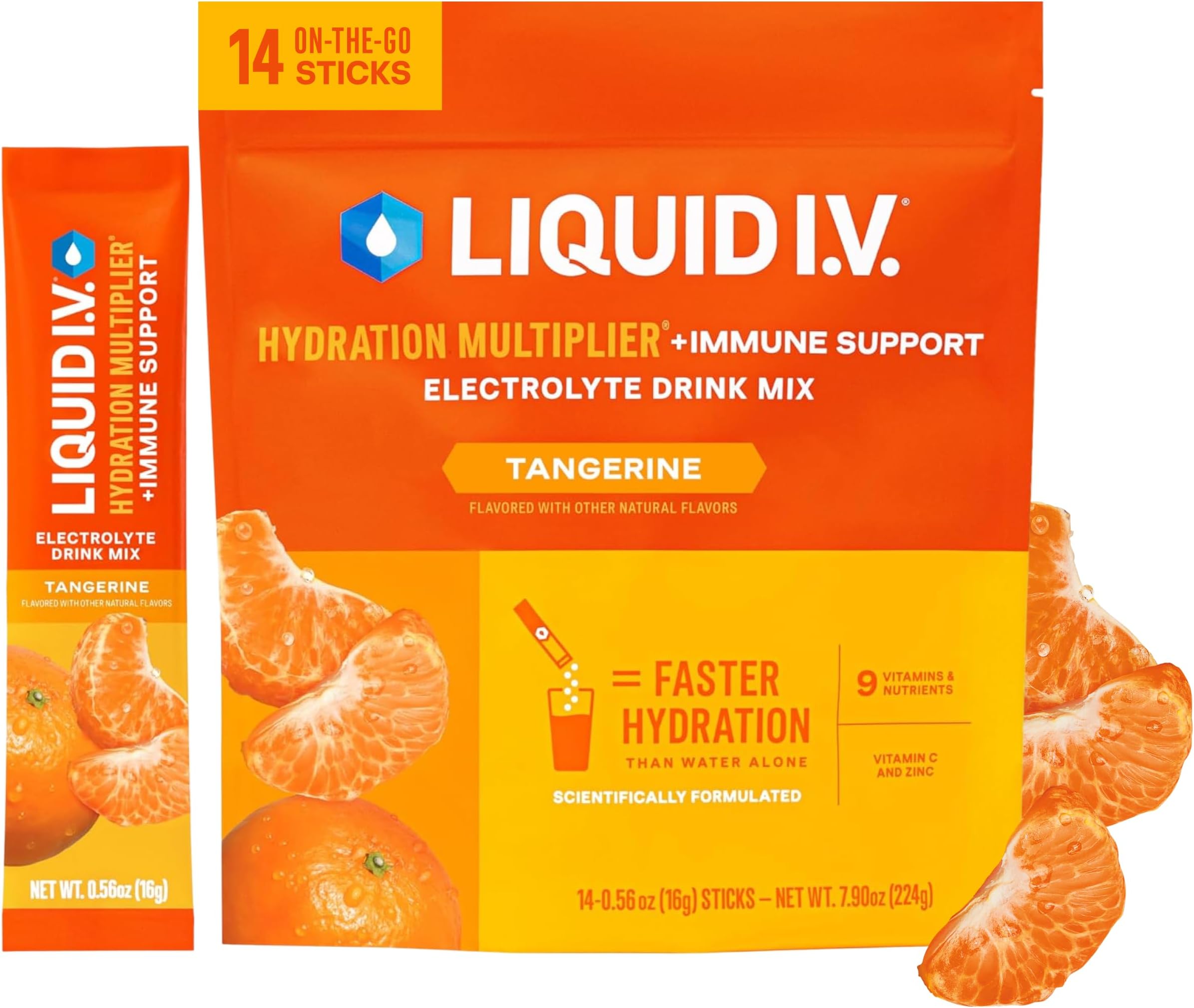 Liquid I.V. Hydration + Immune Electrolytes, Tangerine, 14 Count | Scientifically Formulated | Immune Defense | Vitamin C & Zinc | No Artificial Sweeteners | Non-GMO | Powder Drink Mix