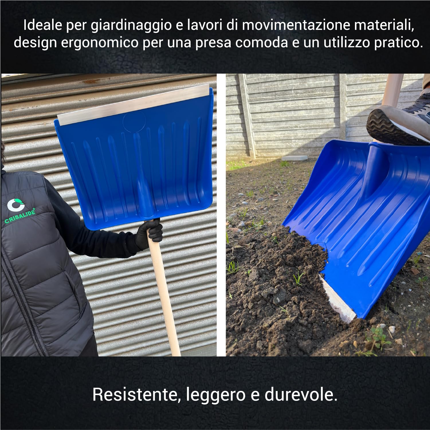 Crisalide® - Baie professionnelle en ABS, extrémités renforcées en aluminium anti-choc, 45 x 38 cm, poignée 135 cm, polyvalente pour usage agricole, jardinage et construction, pelle ergonomique