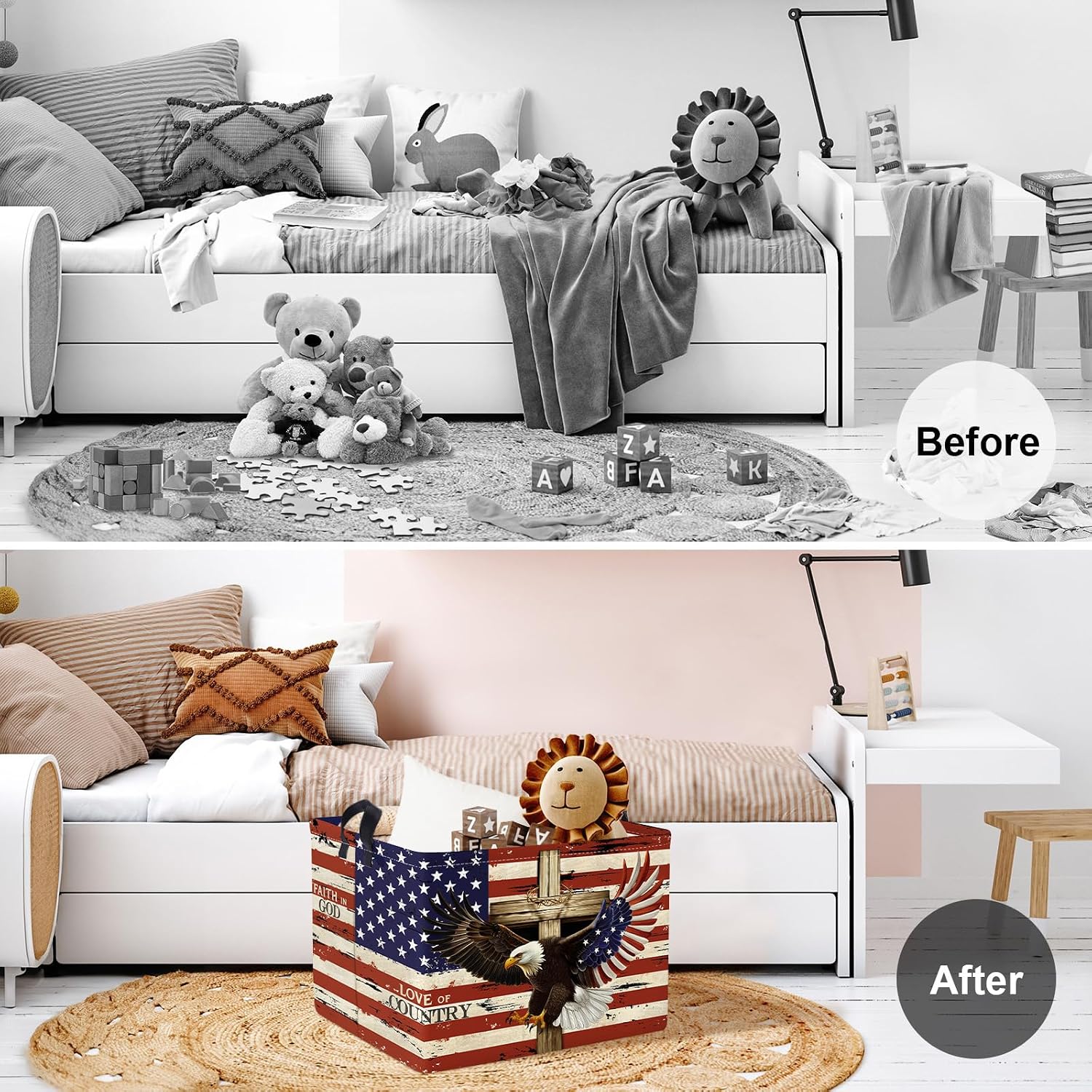Clastyle Memorial Day Gift Patriotic Basket Retro America Flag Cross 4th July Storage Bin Kid Toy Book Shelf Basket for Nursery Bedroom Clothes Towel Clothes Organizer Toy Box, Eagle