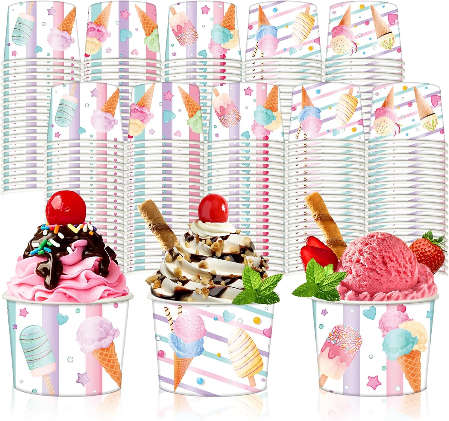 Meanplan 200 Pcs 7 oz Ice Cream Cups Paper Disposable Ice Cream Bowls Treat Disposable Dessert Soup Cups for Hot or Cold Food Sundae Yogurt Snack Party Supplies