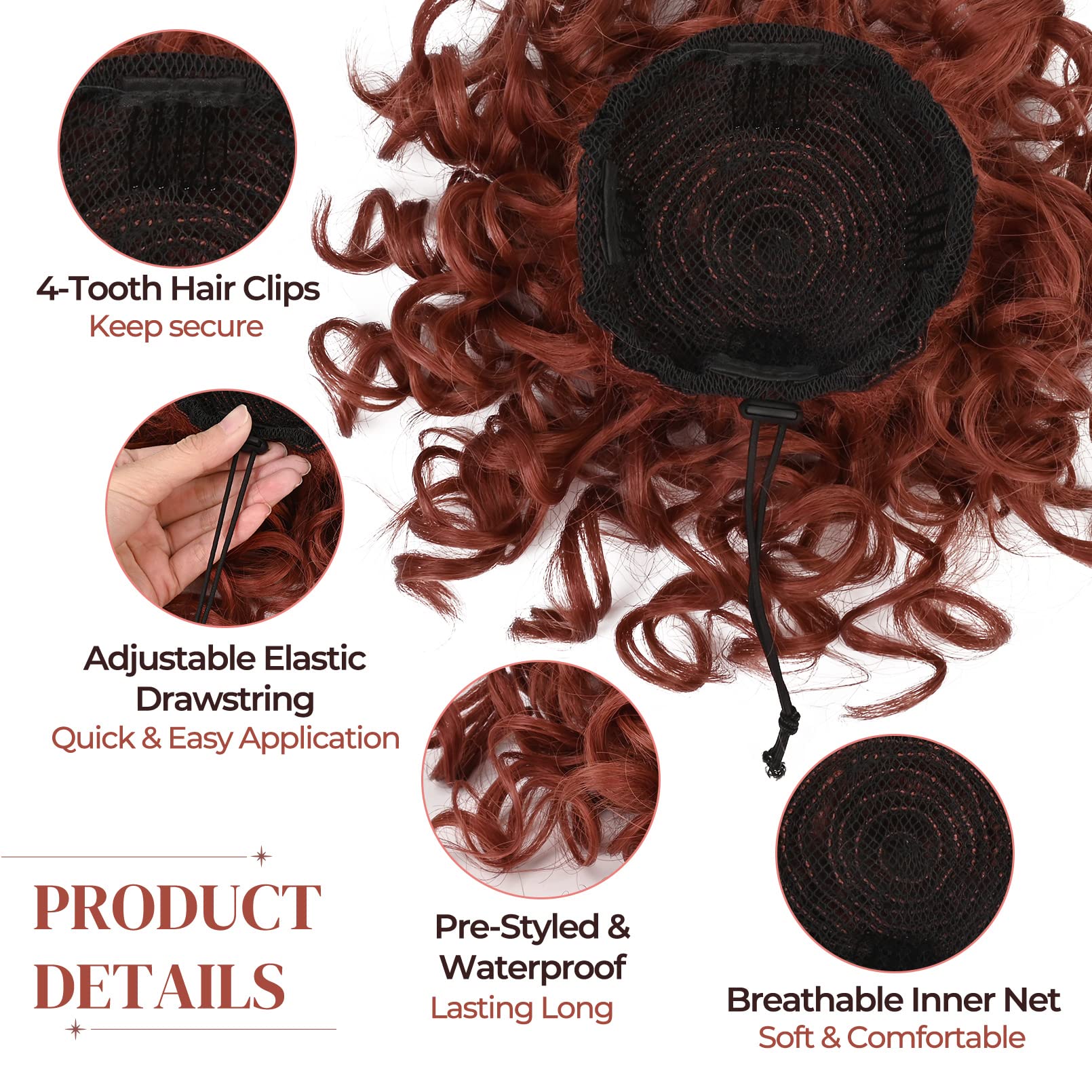 LONAI Messy Bun Hair piece for Women, Elastic Drawstring Loose Wave Curly Scrunchies Ponytail Extension, Synthetic Hair Extensions Hair Bun for Women Daily Use-Copper Red