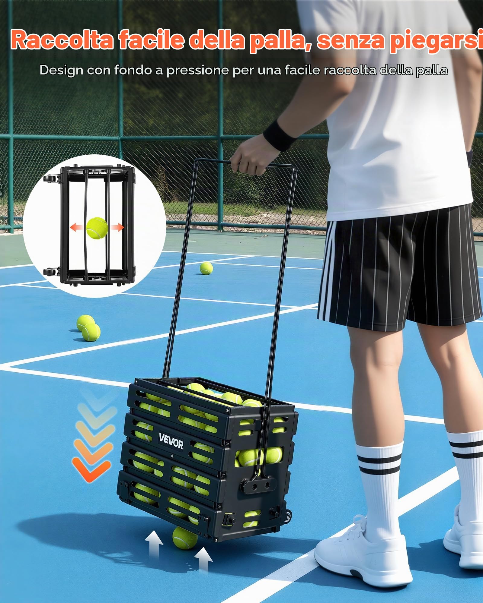VEVOR Carrello Porta Palline da Tennis 2 in 1 con Cestello, capacità 80 Palline, con Ruote Scorrevoli e Struttura Resistente, Facile da Spostare, Contenitore Portatile per Allenamento e Pickleball