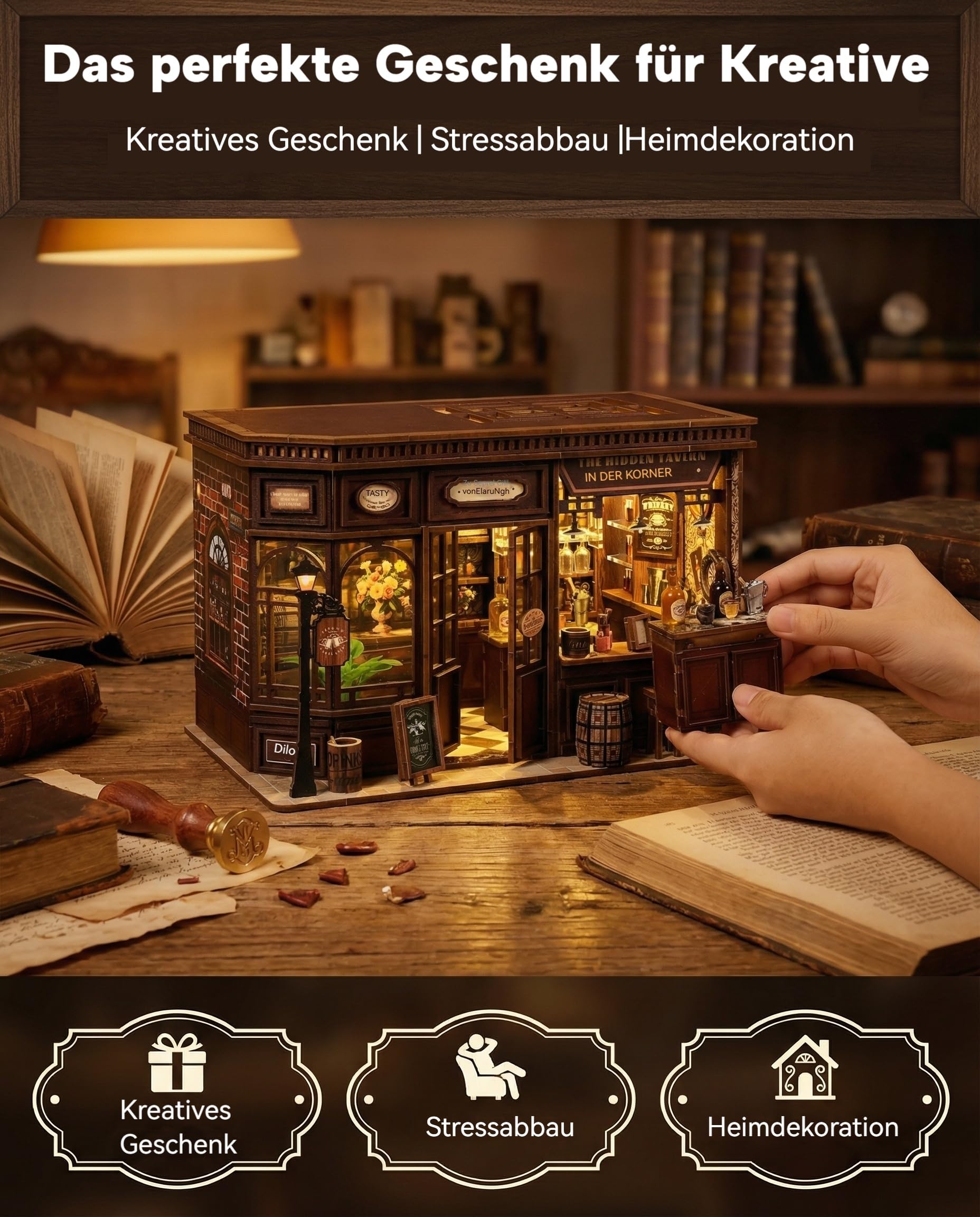 Book Nook Kit Taverne DIY Holz – 3D Puzzle Miniatur Haus mit LED Licht & Touch Sensor – Vintage Kneipe Bücherregal Deko & Buchstütze – Einsteigerfreundlich Geschenk für Erwachsene (Taverne)