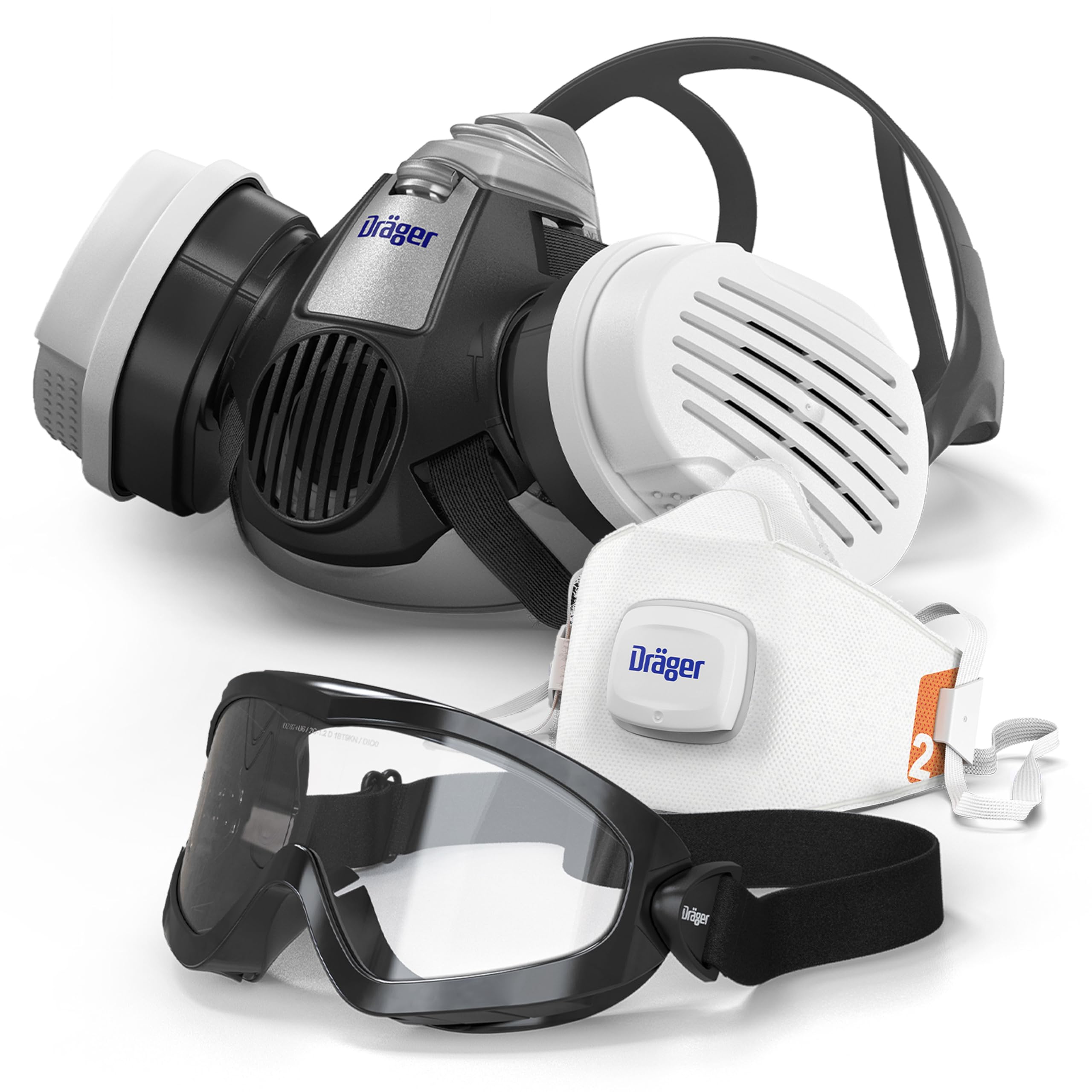 Dräger Zestaw startowy ochrony dróg oddechowych – półmaska X-plore 3300 z filtrem A2P3, maski FFP2, okulary ochronne i ochrona słuchu – kompletny zestaw do profesjonalnej ochrony dróg oddechowych | Półmaska X-plore 3300 z filtrem A2P3, maski FFP2, okulary