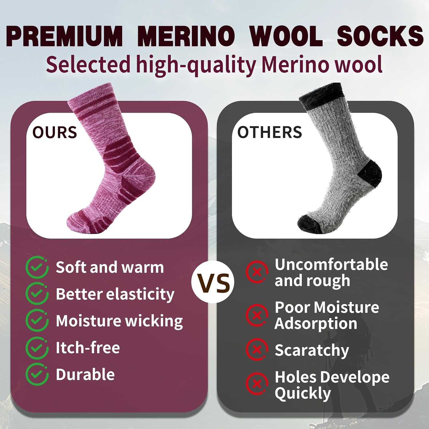 Merino Wool Socks for Women Warm Thermal Hiking Socks Winter Thick Cushioned Moisture Wicking Crew Socks 3Pairs Size5-9 - Image 4