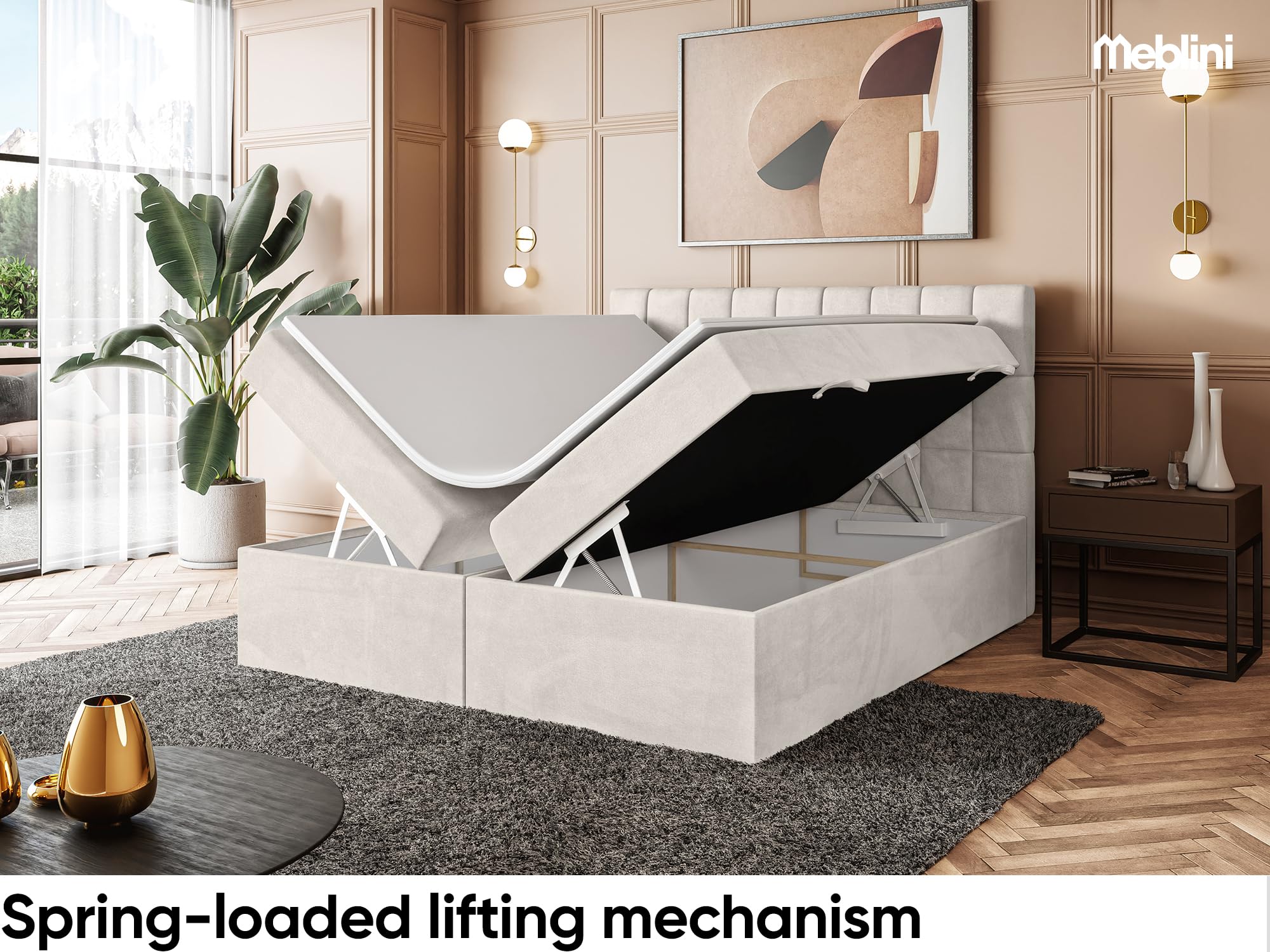 MEBLINI Boxspringbett mit Bettkasten - 180x200 - Gepolstert Doppelbett mit Matratze und Topper - Polsterbett mit Stauraum - Bett mit Kopfteil - Stauraumbett - Lukas - H4/Beige Samt