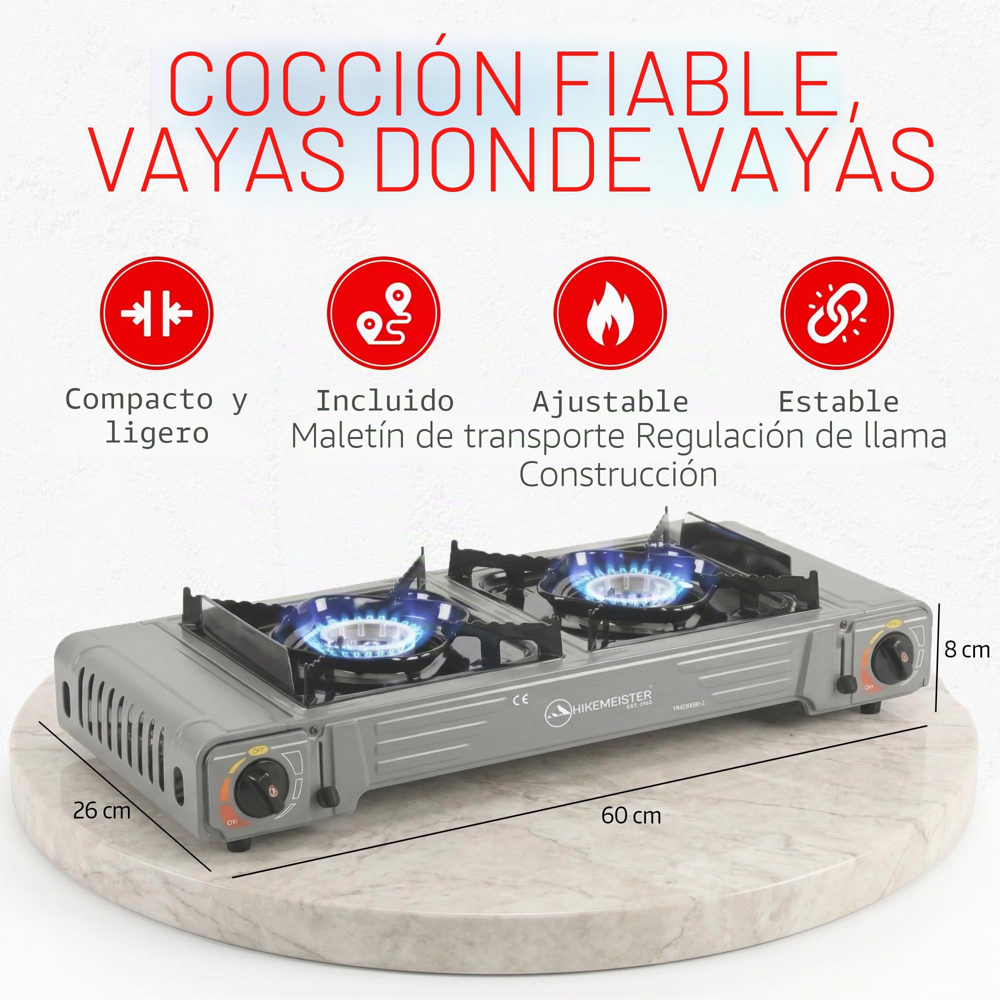 Hikemeister® Hornillo de camping de 2 fuegos con parrilla y 12 cartuchos de gas, hornillo de gas portátil 2 x 2,2 kW, incluye maletín de transporte, estufa de gas al aire libre para camping, balcón y