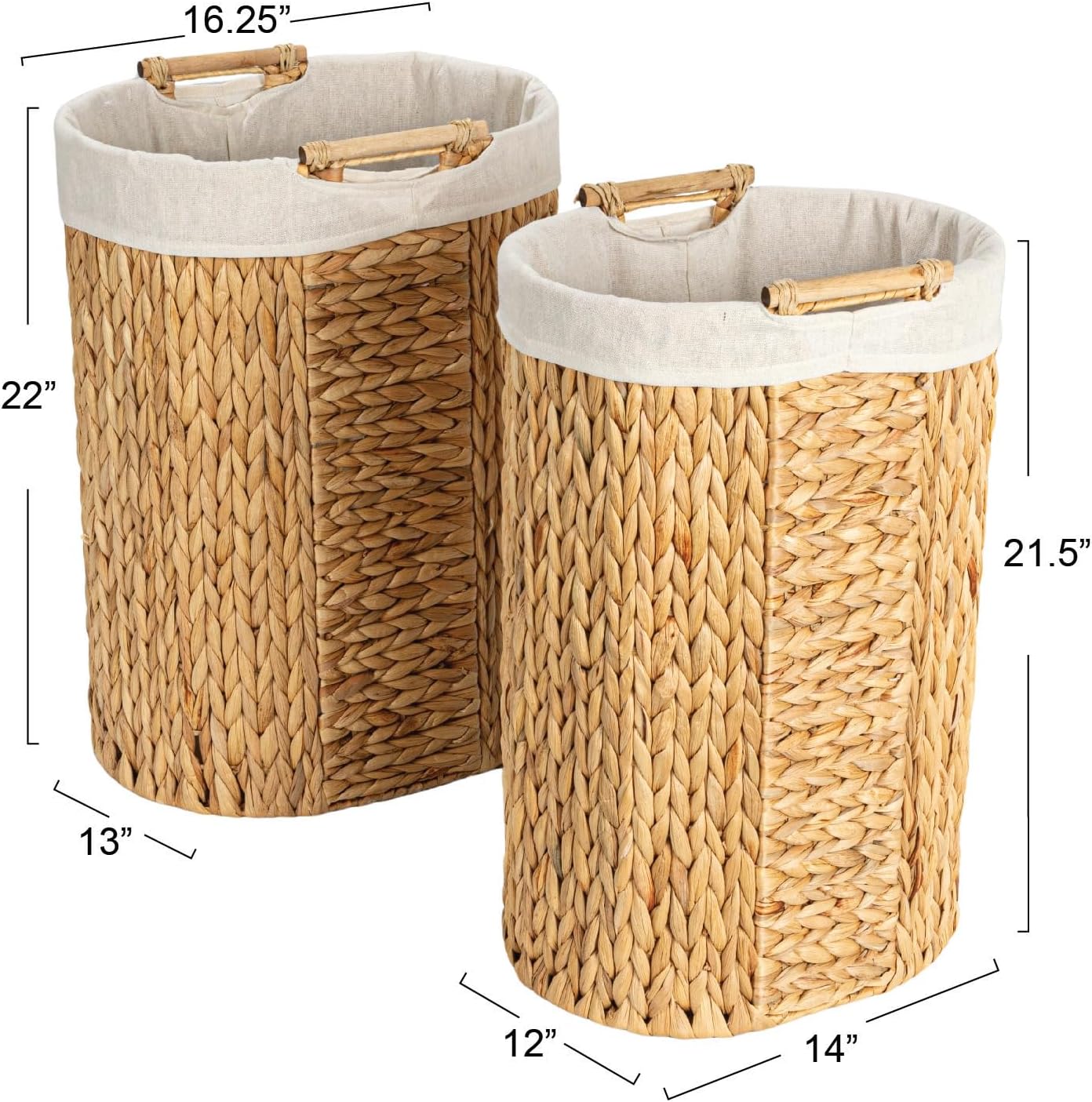 Household Essentials Handwoven Water Hyacinth Oval Hamper Set with Cotton Lining, Natural, Set of 2
