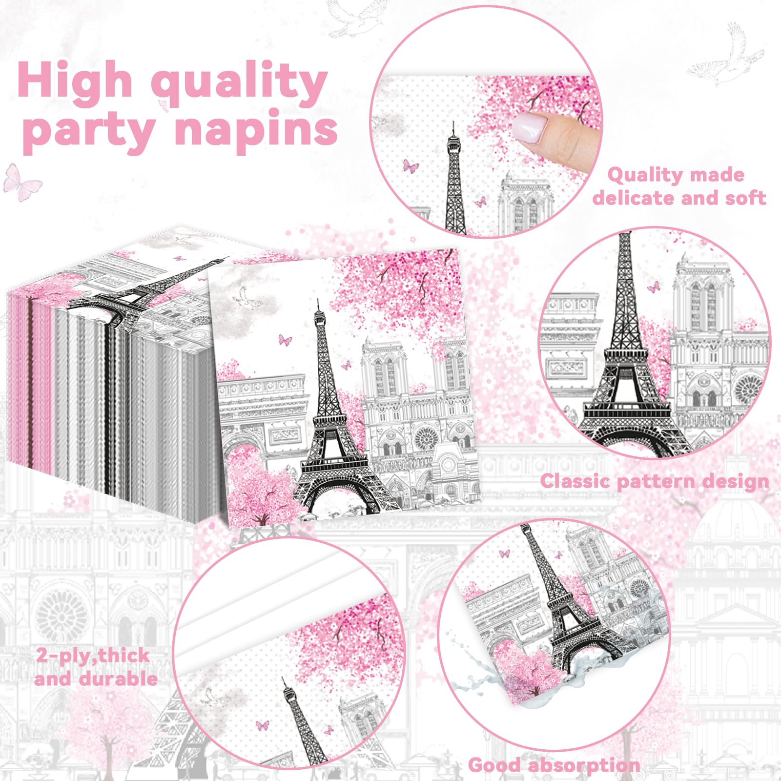 ZOIIWA Juego de platos y servilletas de papel para decoración de fiesta temática de París, Torre Eiffel, mantel desechable rosa para decoración de baby shower, suministros de fiesta de París