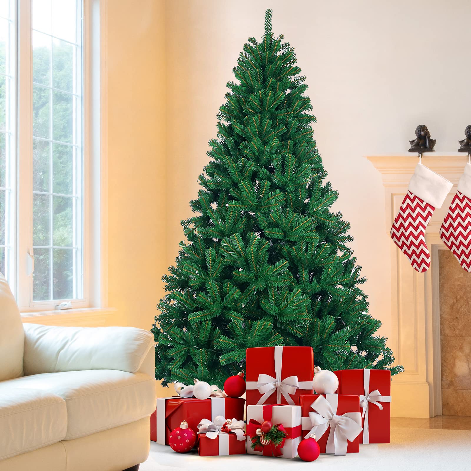 CVHfhjTG christmas tree, Spray White Snow Dusted Artificial with Branch Tip and Foldable Metal Stand, for Home, Outdoor(Green,7FT)