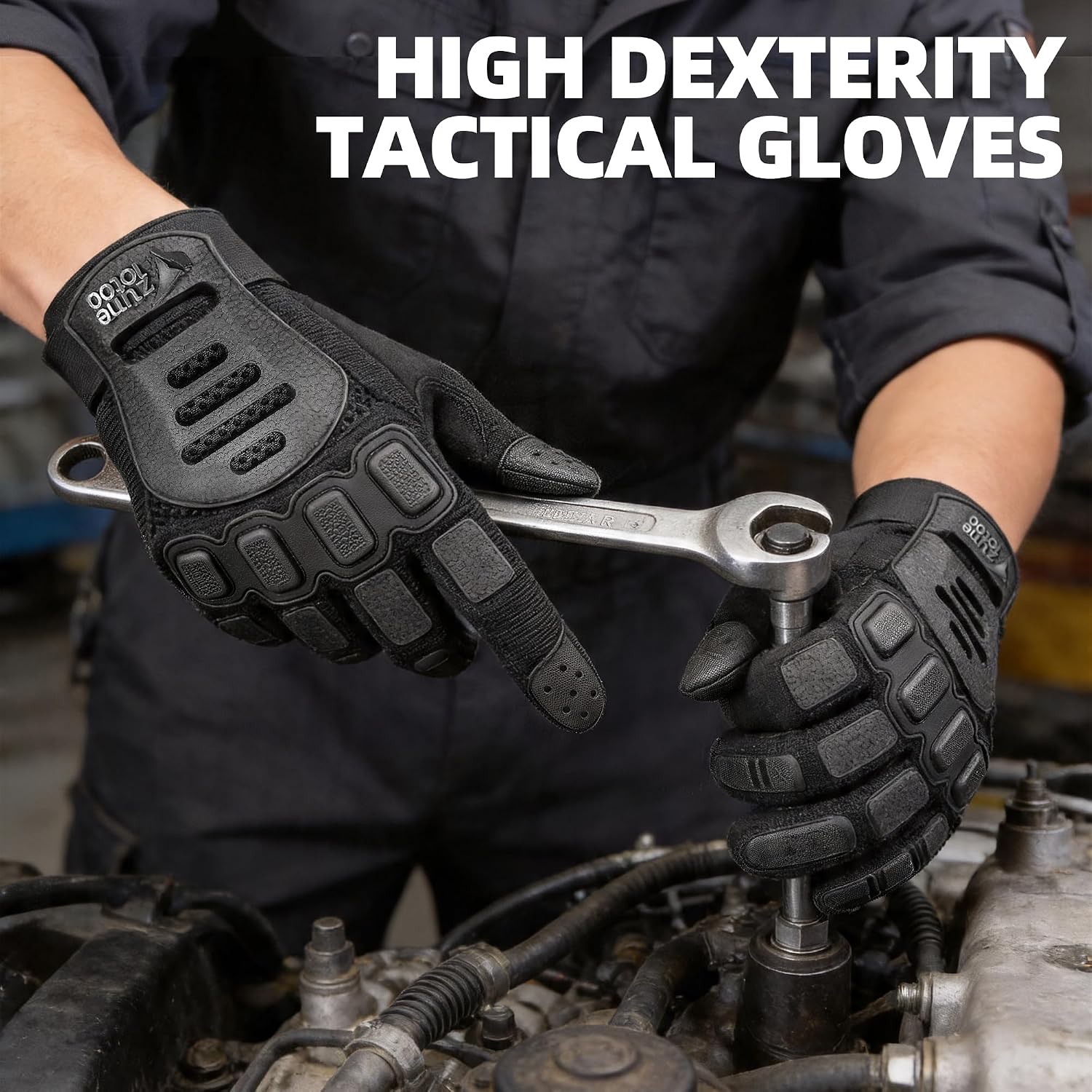 ZUNE LOTOO Touchscreen Tactical Gloves with TPR Finger Impact Protection & Leather Palm Padded for Men Motorcycle Airsoft Paintball Heavy Duty Work Dirtbike Motorbike Black/Green/Tan