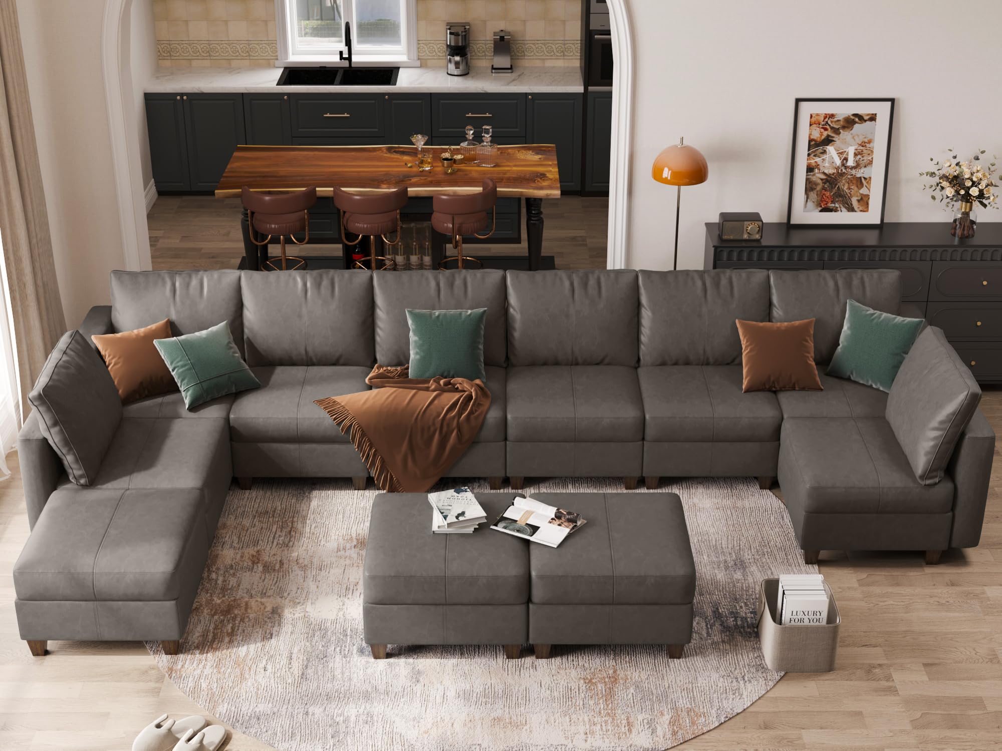 EASE MOOSE Modular Sofa with Storage Seat, Faux Leather Sectional Sofa Oversized U Shaped Sectional Couch Convertible Sleeper Sofa with Reversible