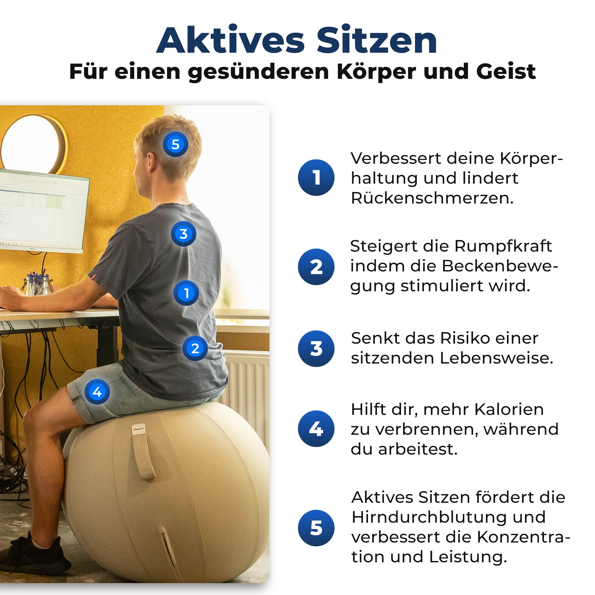 Backerz Sitzball Büro Ergonomisch 75 cm, Ergonomische Sitzmöbel für Büro und Heimbüro, Langlebiger Stoff, Gymnastikball - Fitness-Ball, Ballstuhl mit Ballauflage - Waschbarer Leinenbezug - Hellgrau