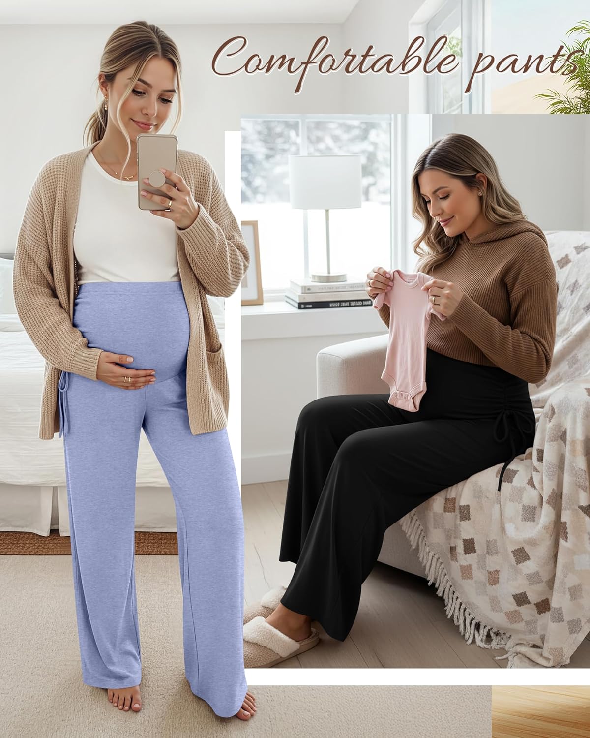 Neer 3 Pack Women's Maternity Pants Over The Belly Loose Pregnancy Pants Stretchy Lounge Wide Leg Trousers with Pockets - Image 4